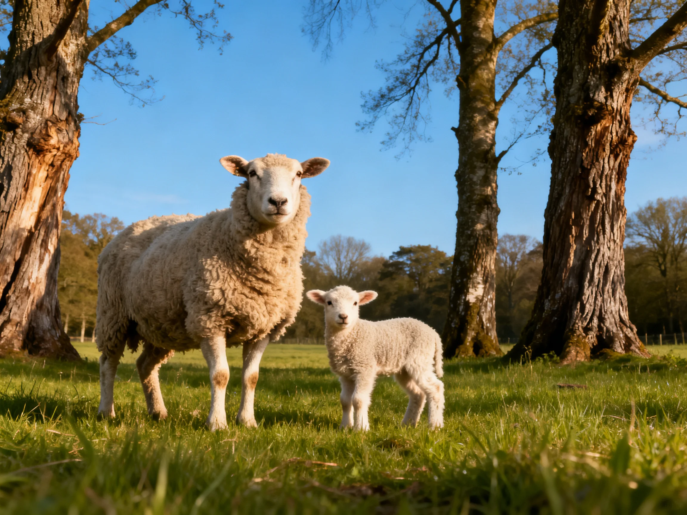 A mother sheep and lamb in a sunlit meadow with tall trees