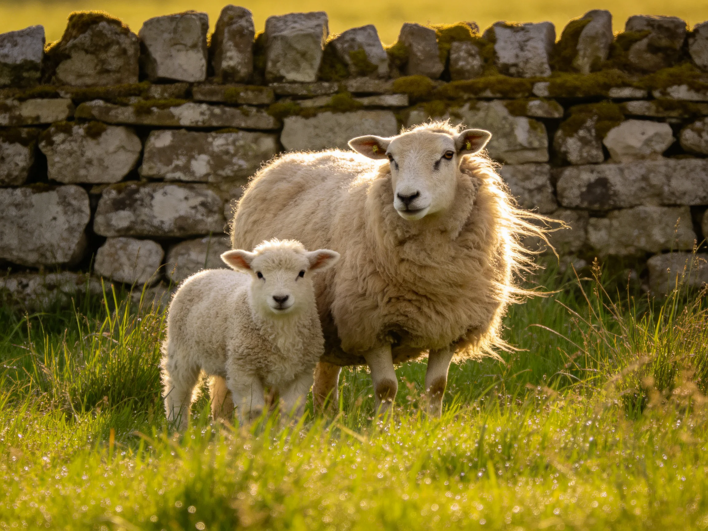A mother sheep and lamb near an aged stone wall in golden grass