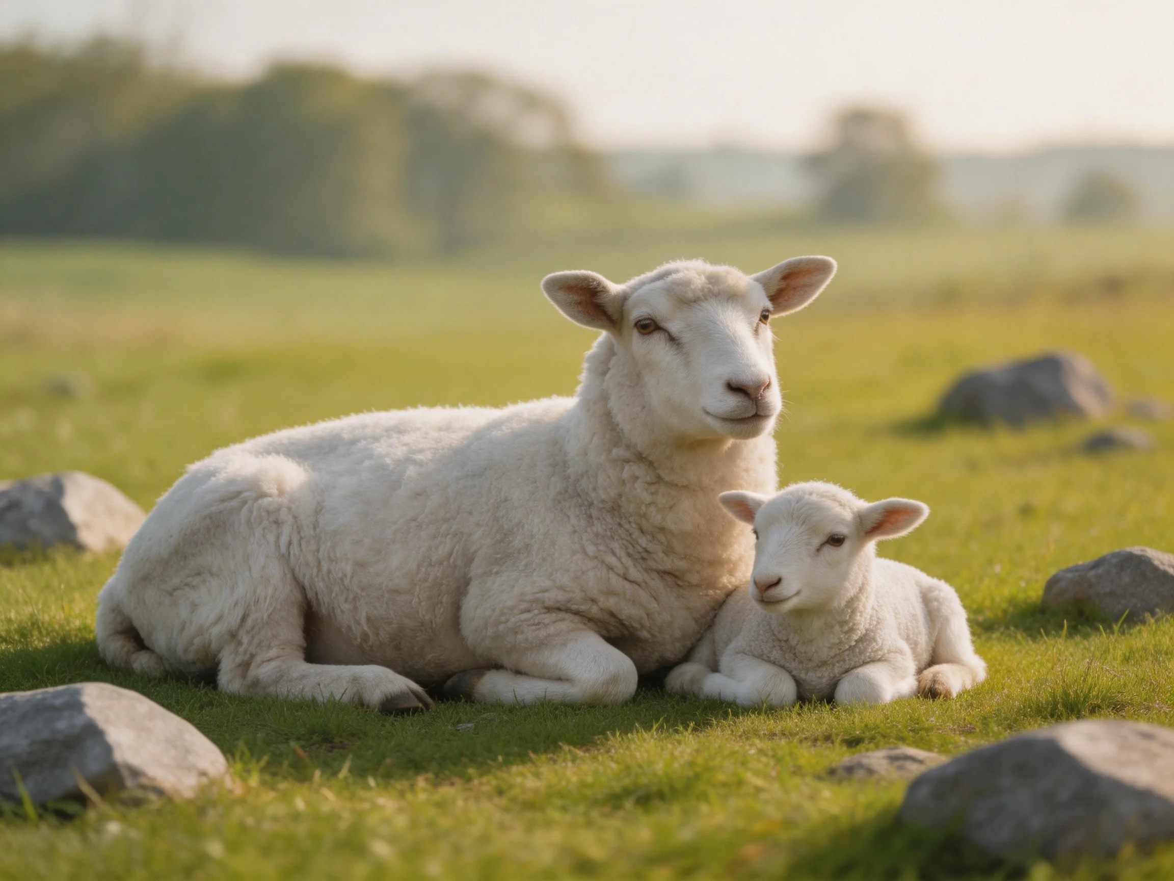 A mother sheep and lamb rest on a grassy field with scattered rocks