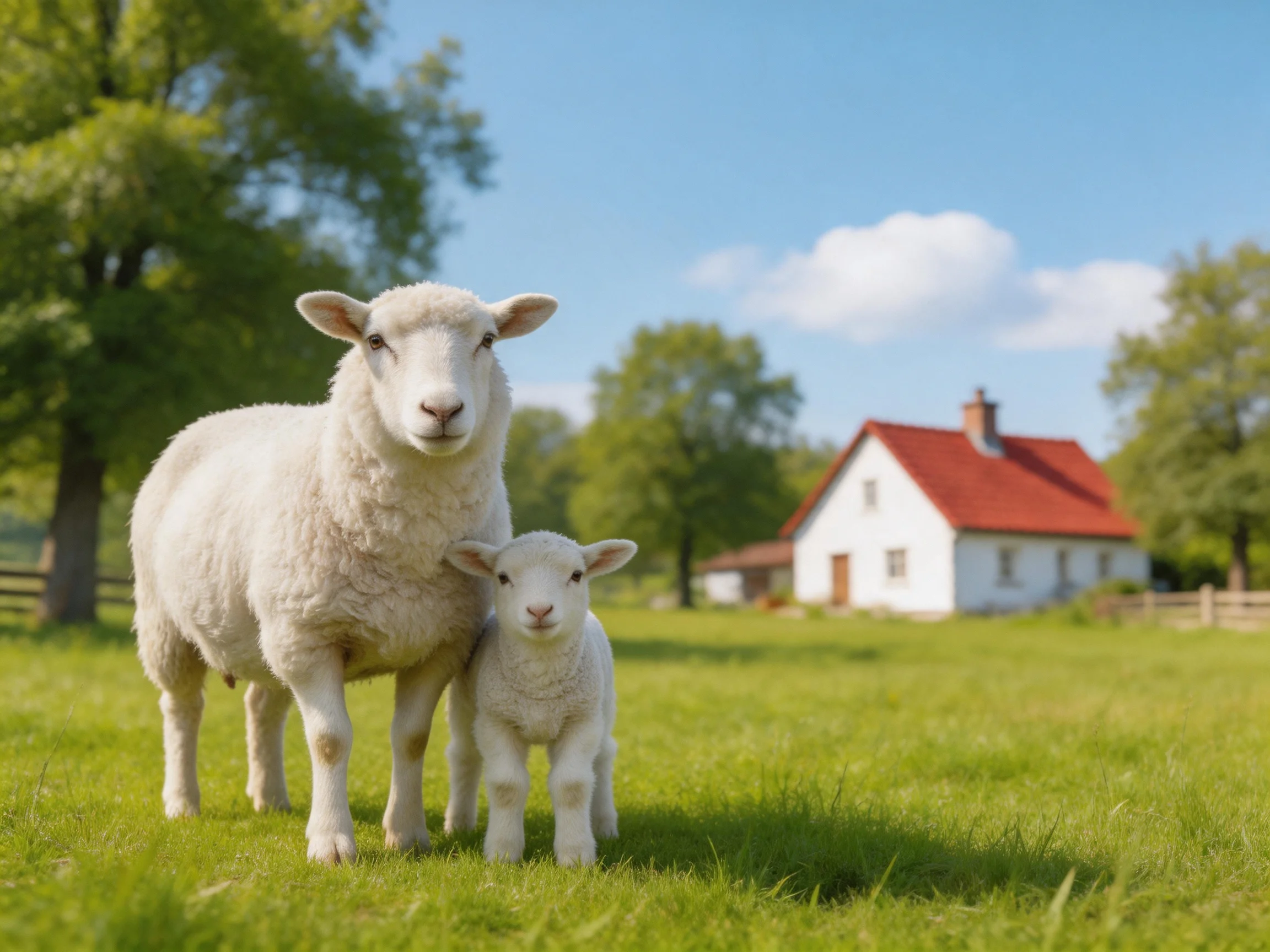 A mother sheep and lamb stand in a green pasture near a white house with a red roof.