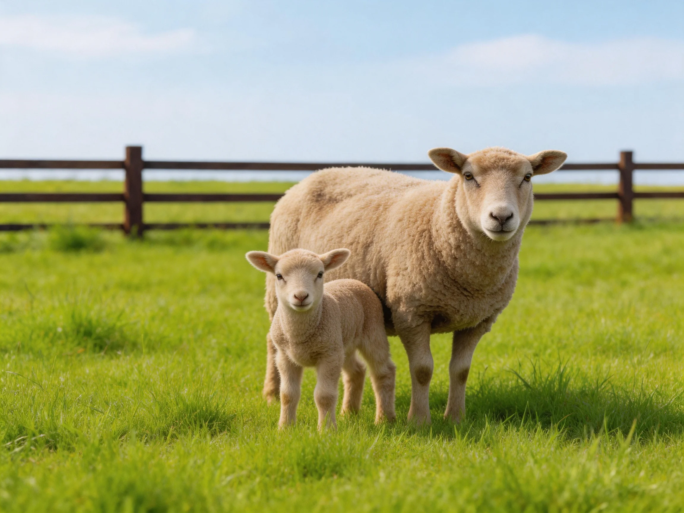 A mother sheep and lamb stand in a lush green pasture near a wooden fence