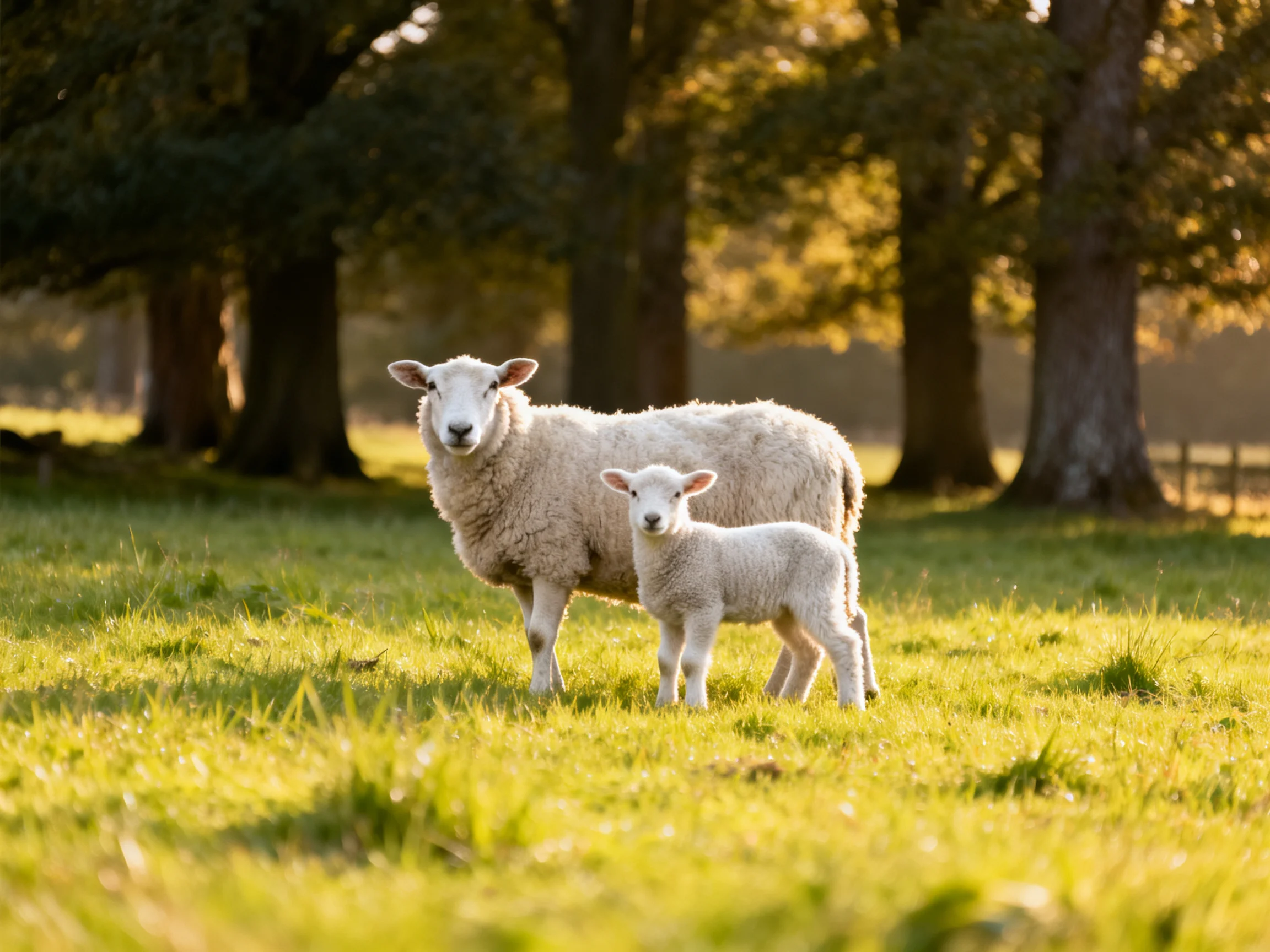A mother sheep and lamb stand in a sunlit green meadow near tall trees