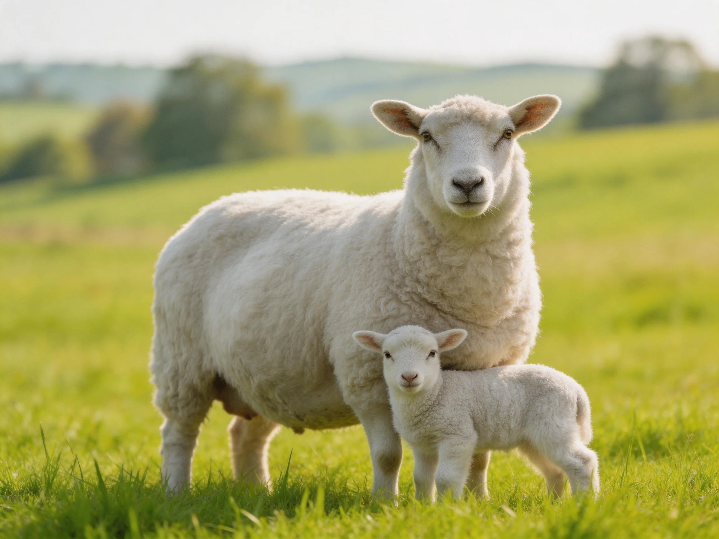 A mother sheep and lamb stand in a sunlit green pasture