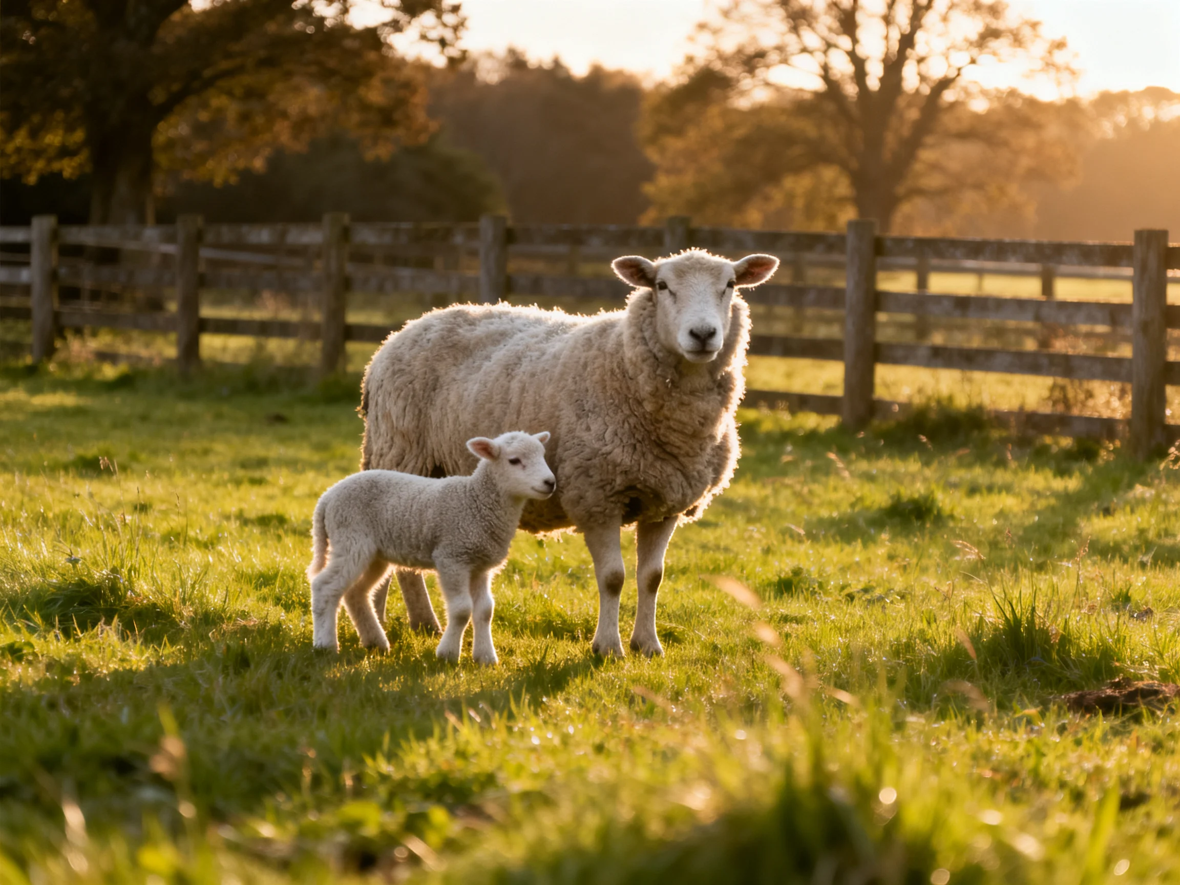 A mother sheep and lamb stand in a sunlit green pasture near a wooden fence