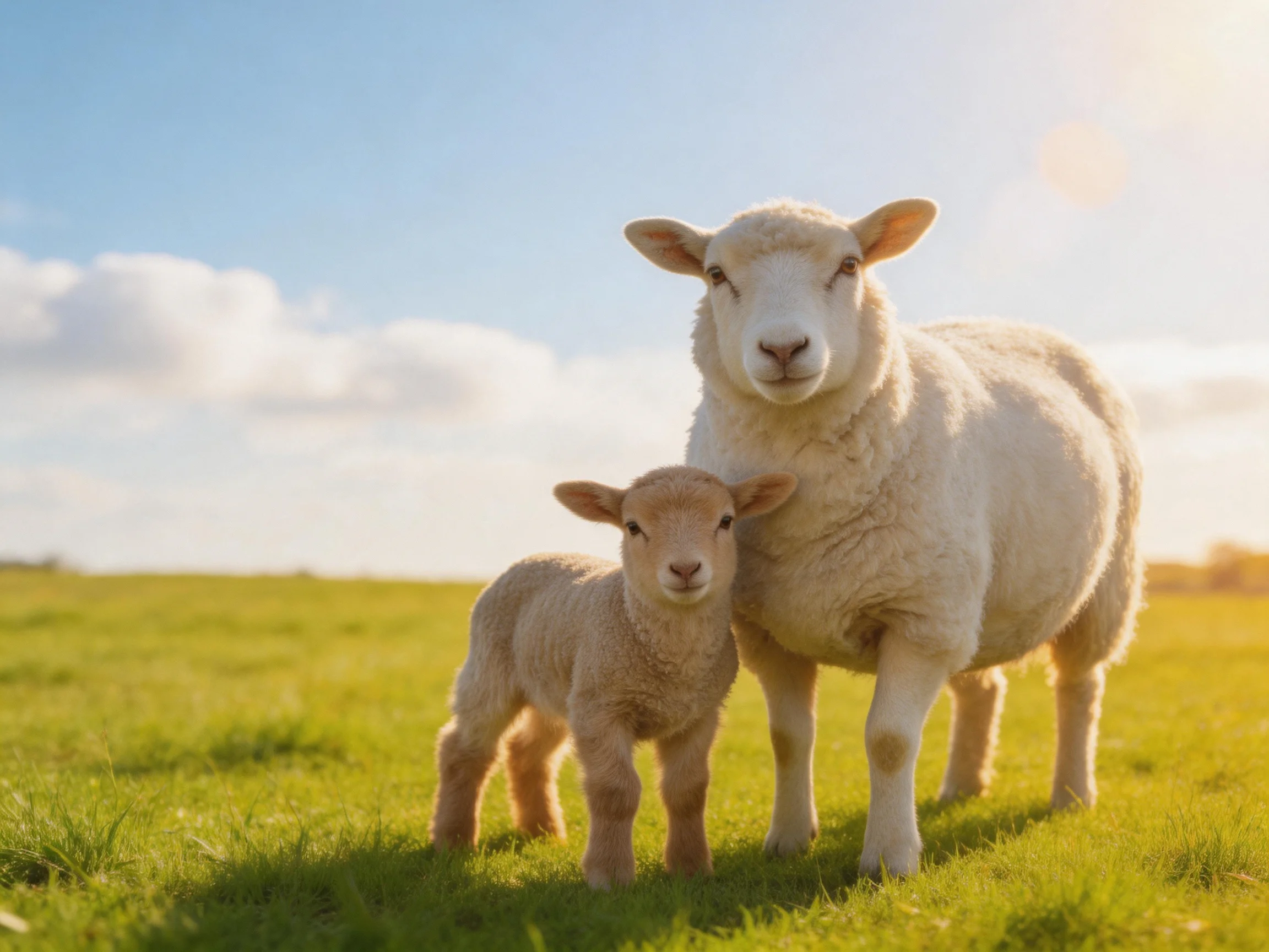 A mother sheep and lamb stand in a sunny green pasture