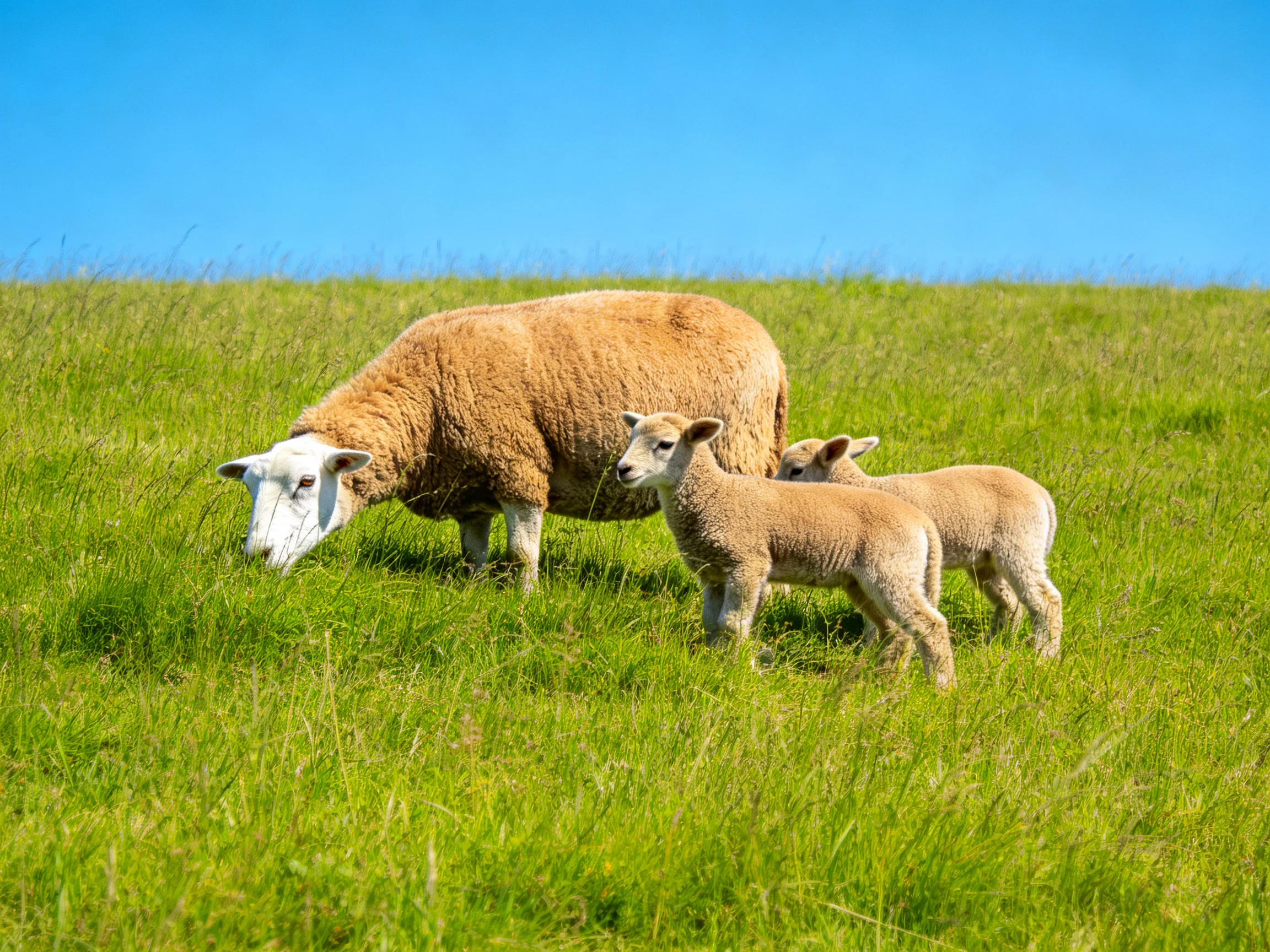 A mother sheep and two lambs graze in a lush green meadow under clear blue sky