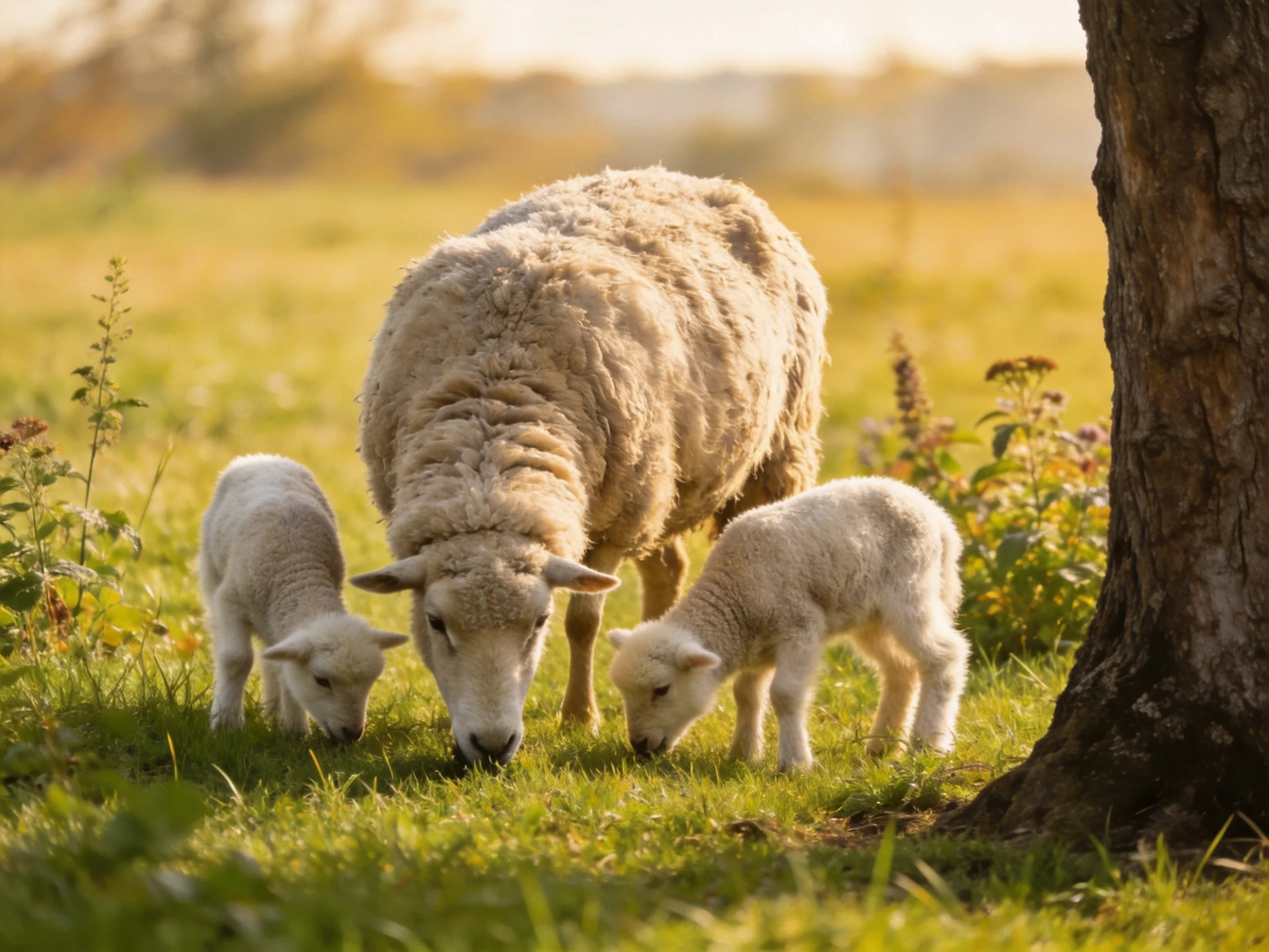 A mother sheep and two lambs graze in a sunlit green meadow