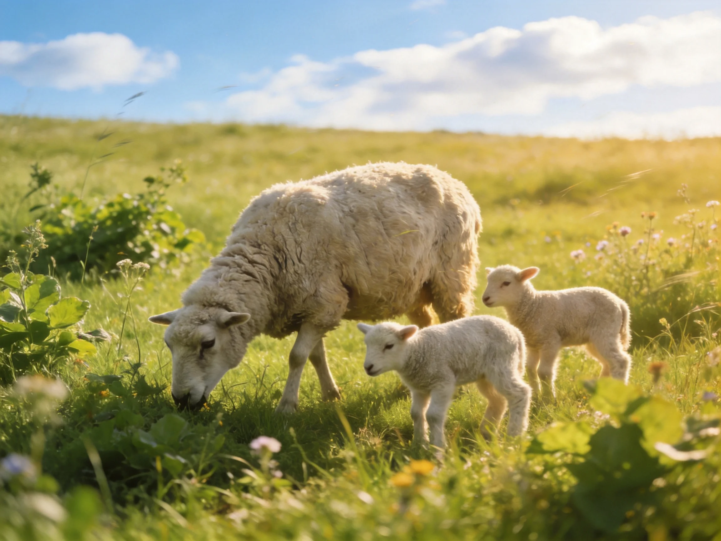 A mother sheep and two lambs graze in a sunlit green meadow