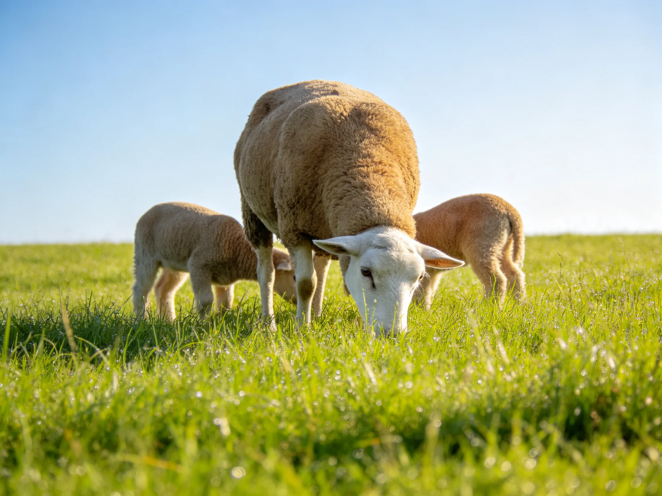 A mother sheep and two lambs graze in a sunlit green pasture