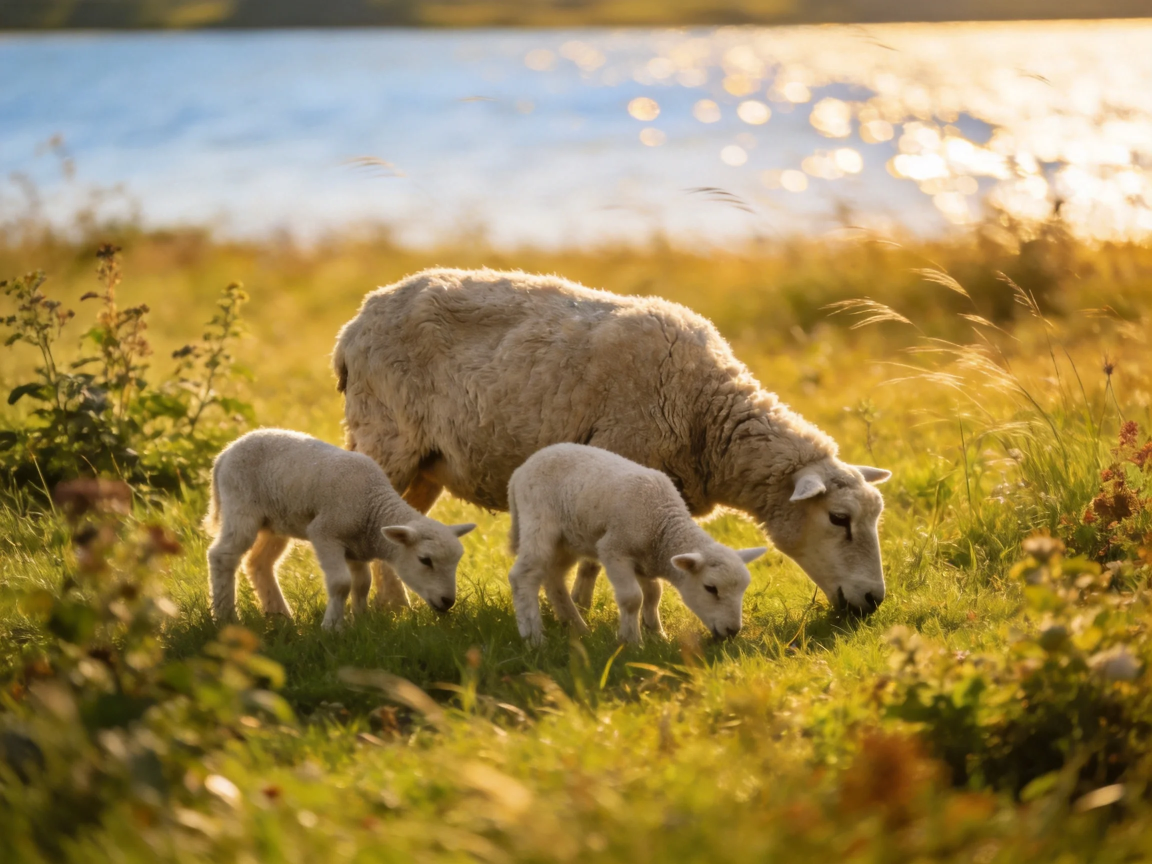 A mother sheep and two lambs graze in golden grass near a shimmering body of water