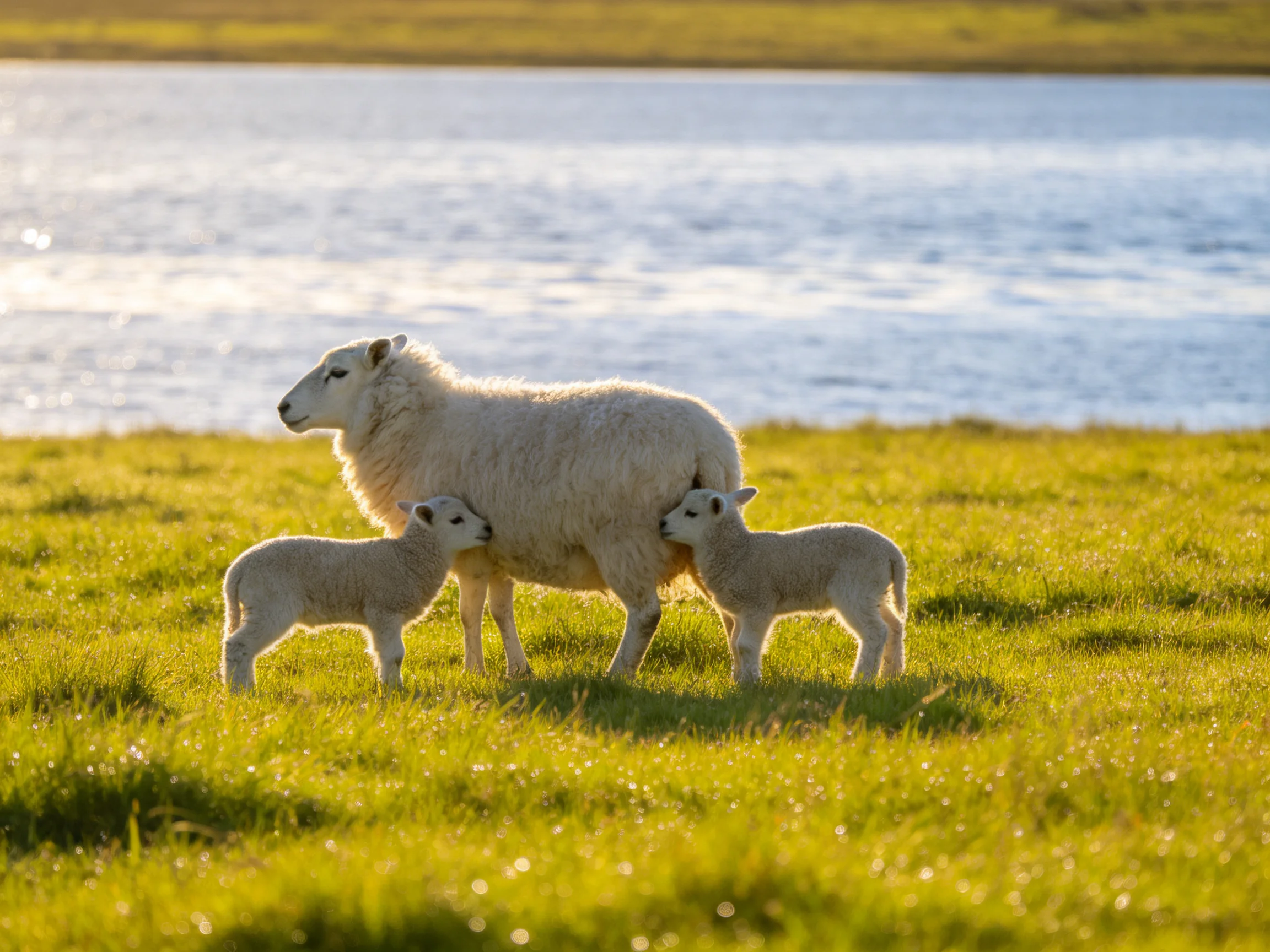 A mother sheep and two lambs graze near a calm blue lake