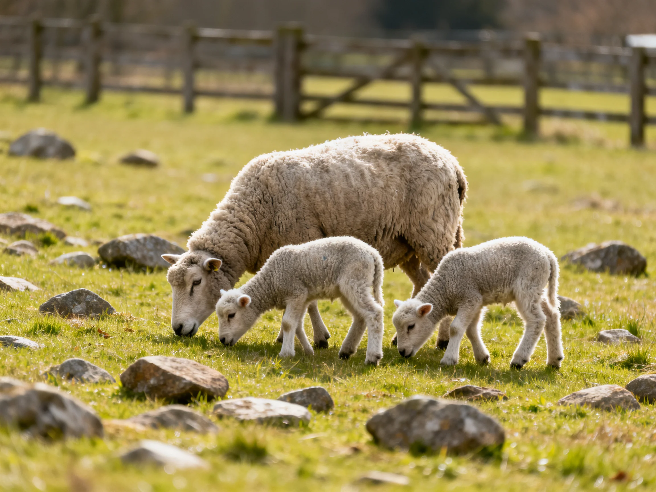A mother sheep and two lambs graze near scattered rocks in a fenced pasture