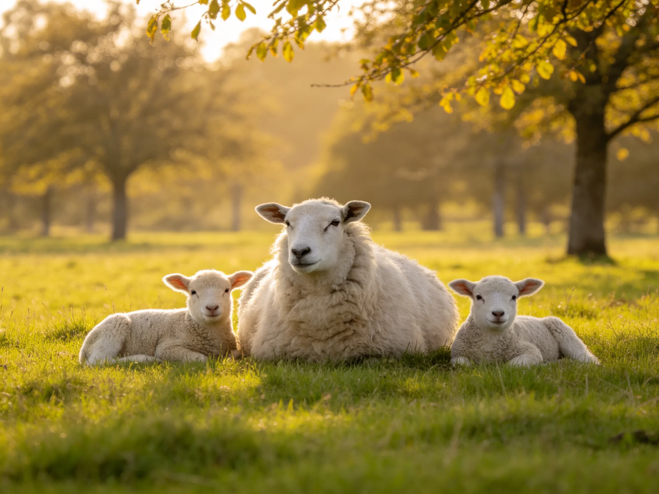 A mother sheep and two lambs rest in a sun-drenched green pasture