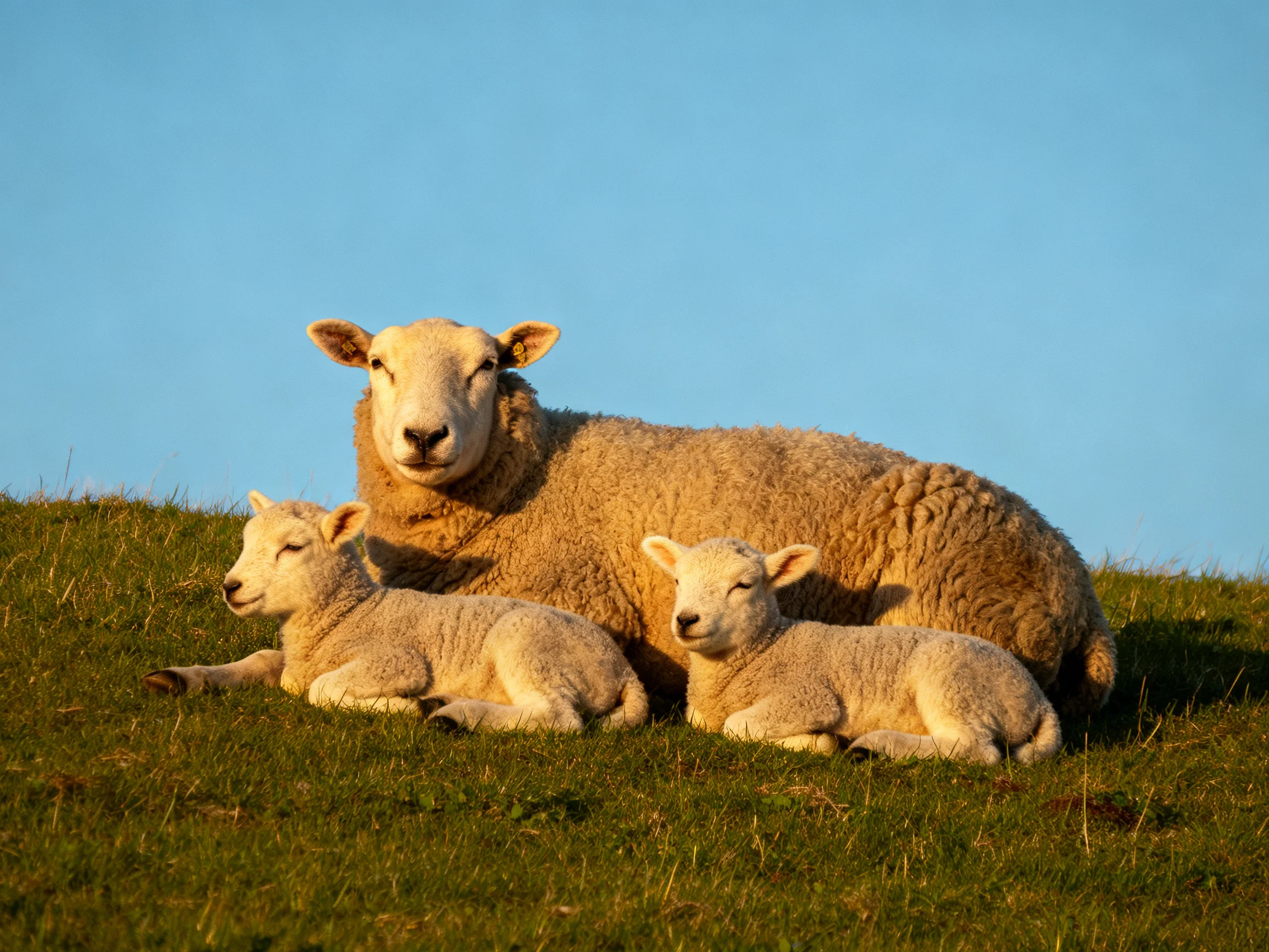 A mother sheep and two lambs rest on green grass under clear blue sky