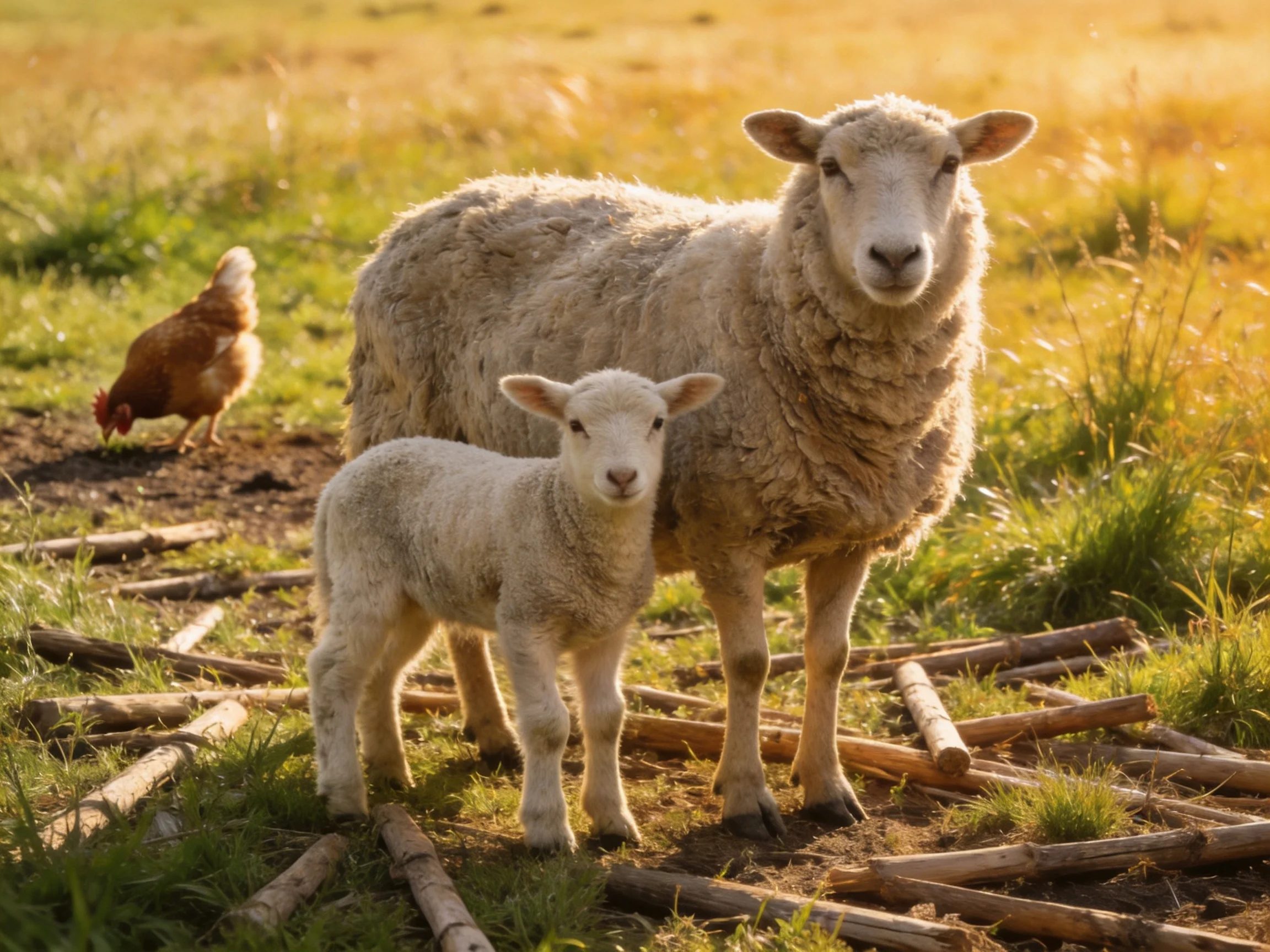 A mother sheep, lamb, and chicken in a sunlit grassy field