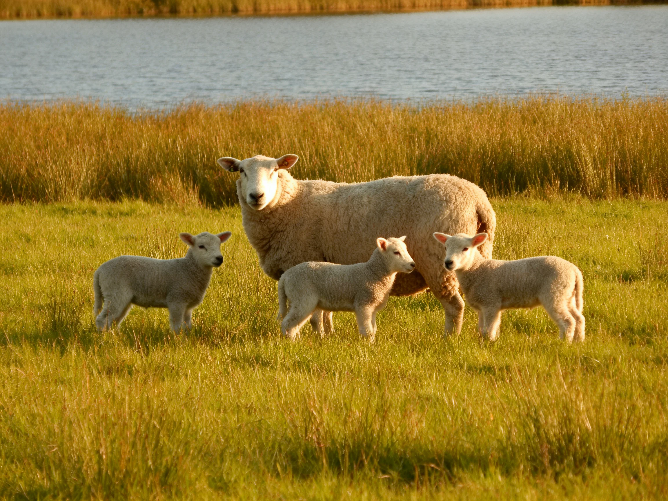 A mother sheep with three lambs in a golden grassy field near water