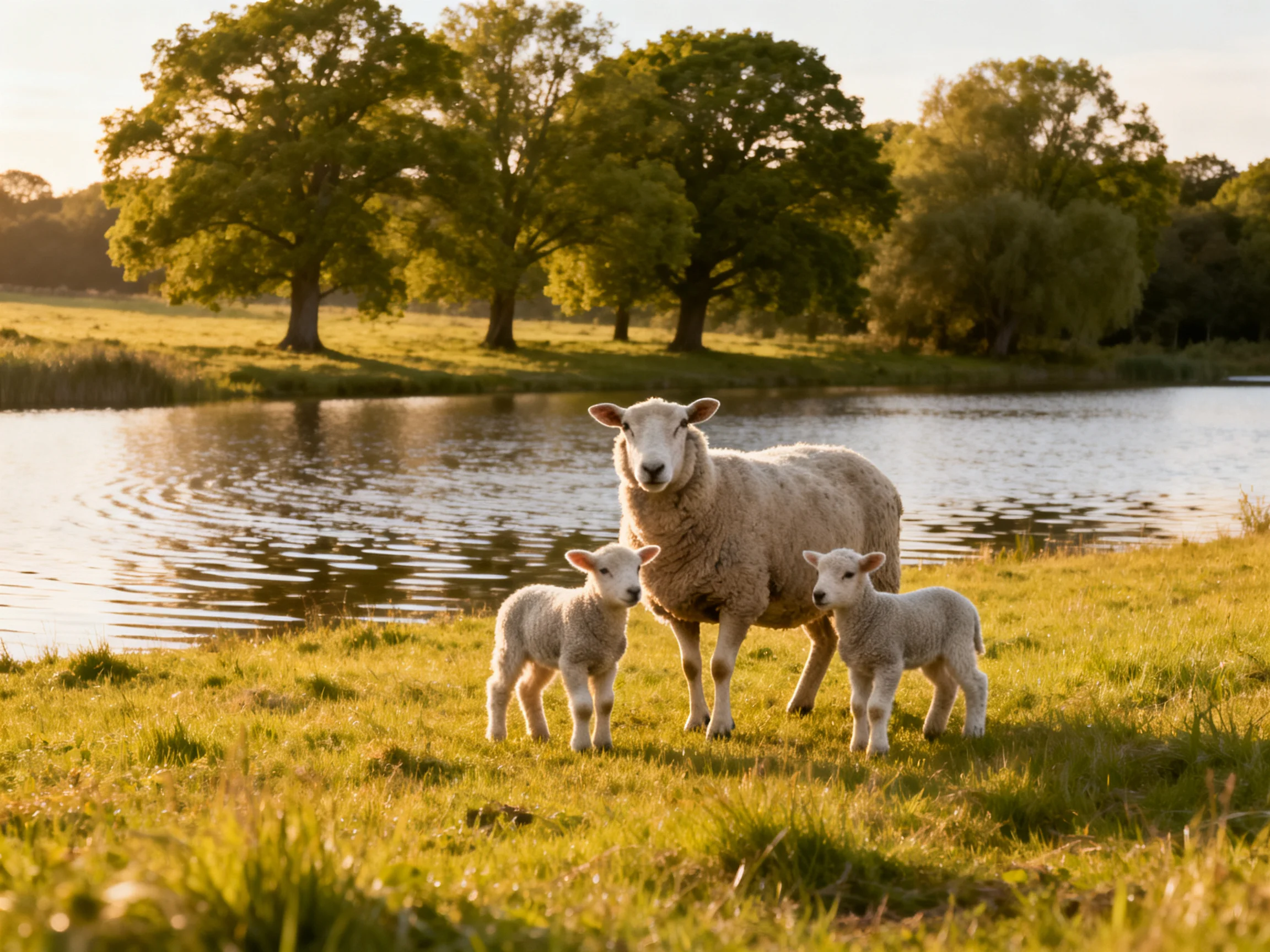 A mother sheep with two lambs by a calm lake near golden trees