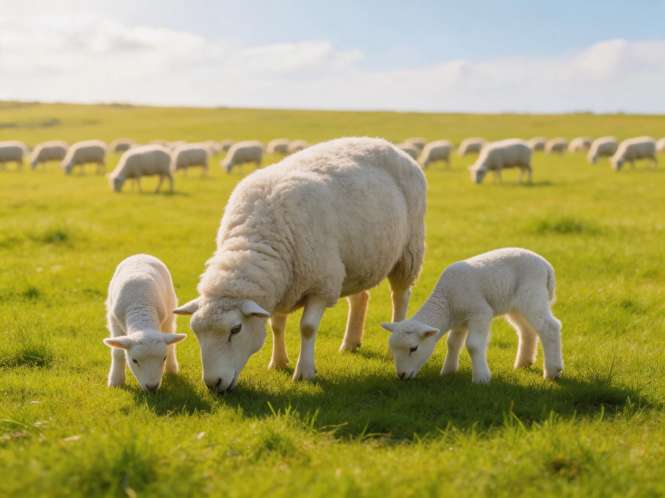 A mother sheep with two lambs grazing in a vast green pasture