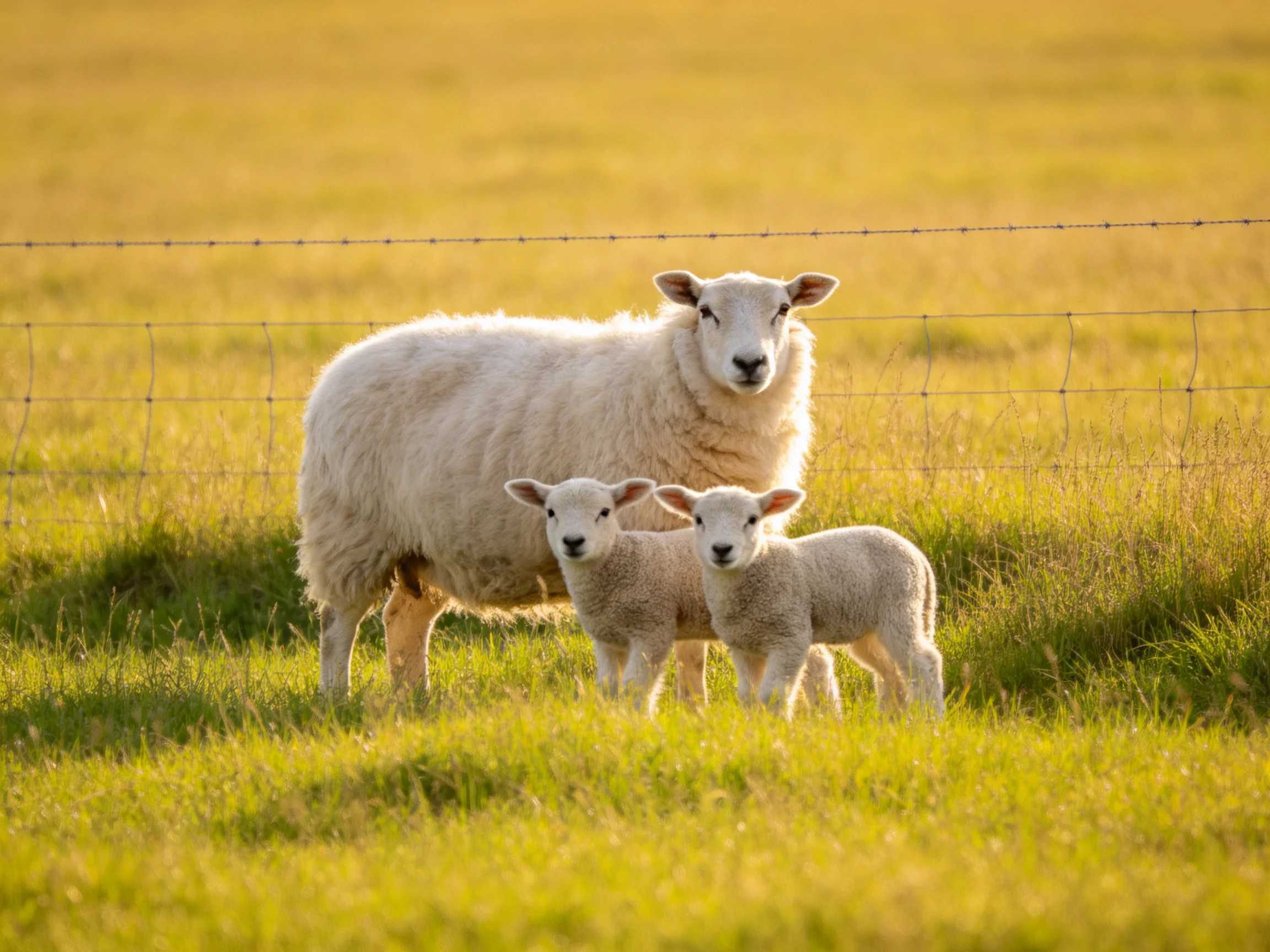 A mother sheep with two lambs in a golden grassy field near a wire fence