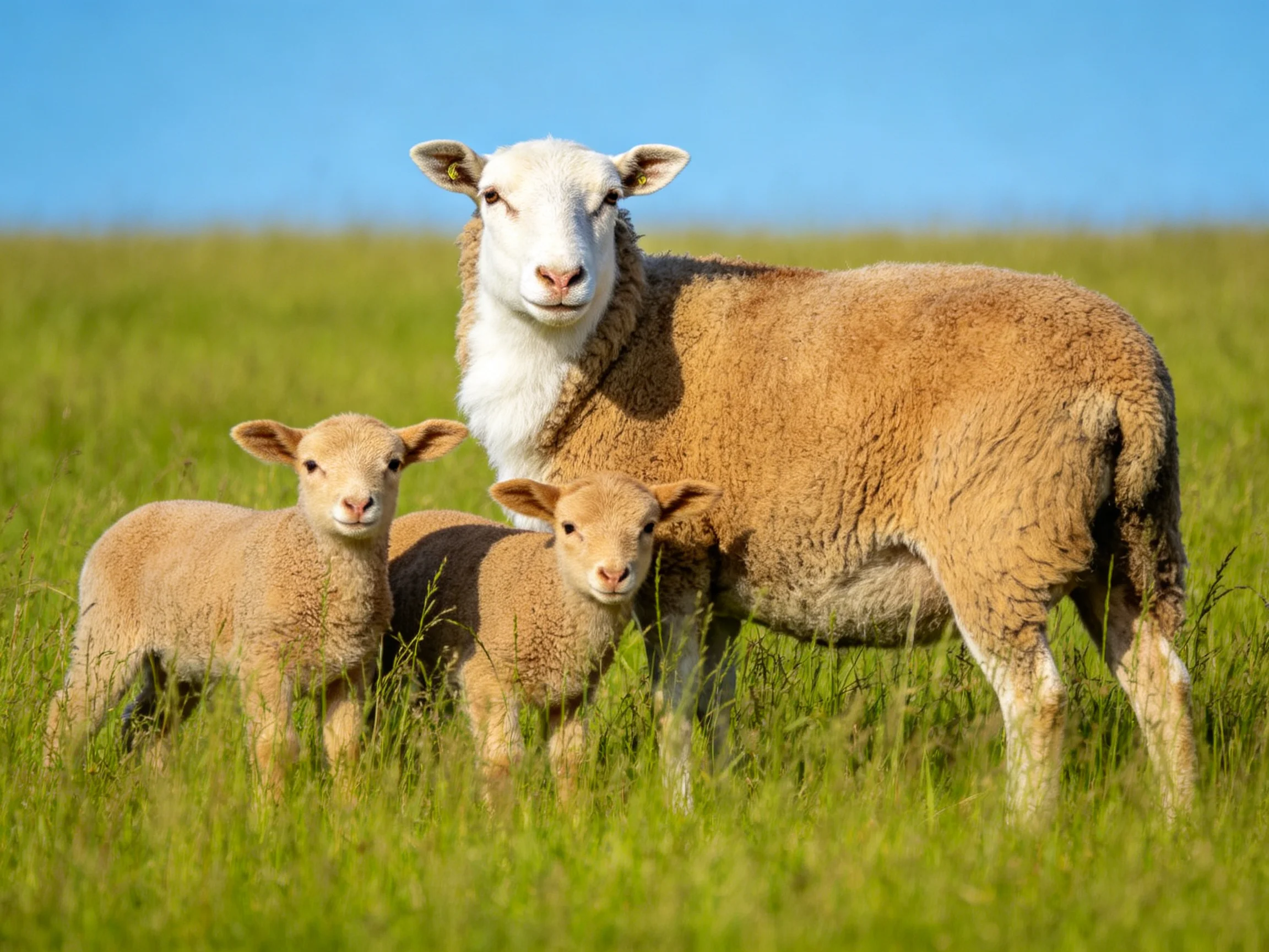 A mother sheep with two lambs in a lush green meadow