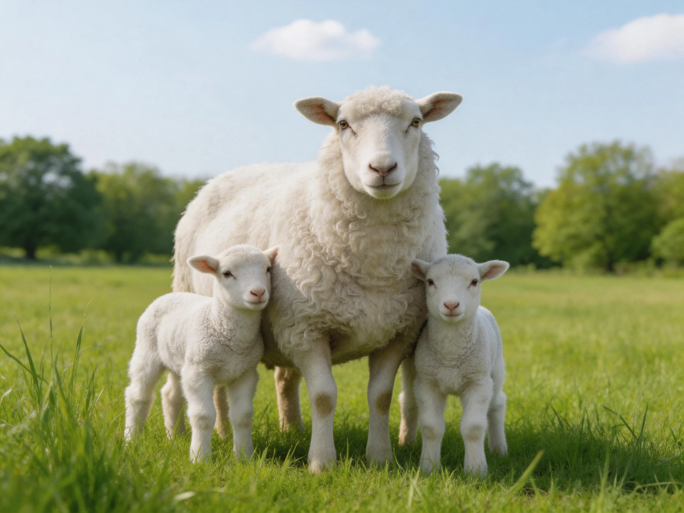 A mother sheep with two lambs in a lush green meadow