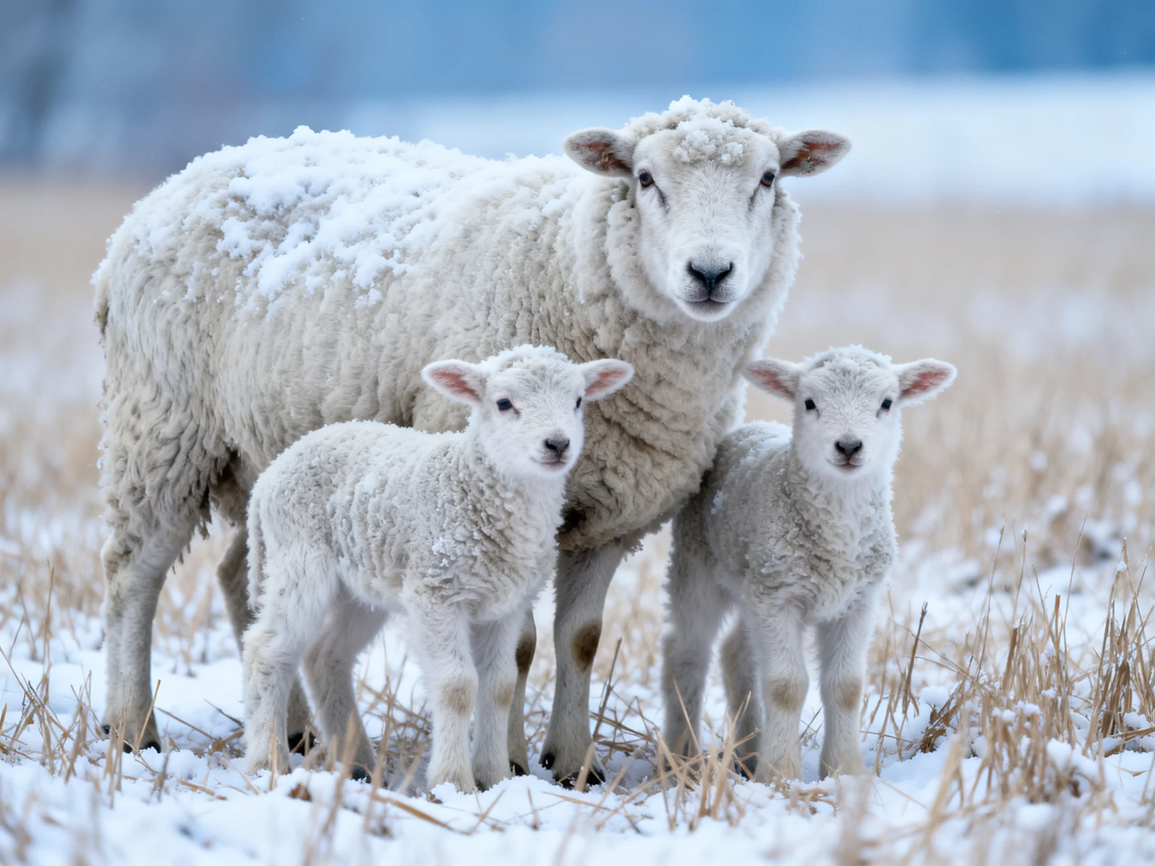A mother sheep with two lambs in a snow-dusted field