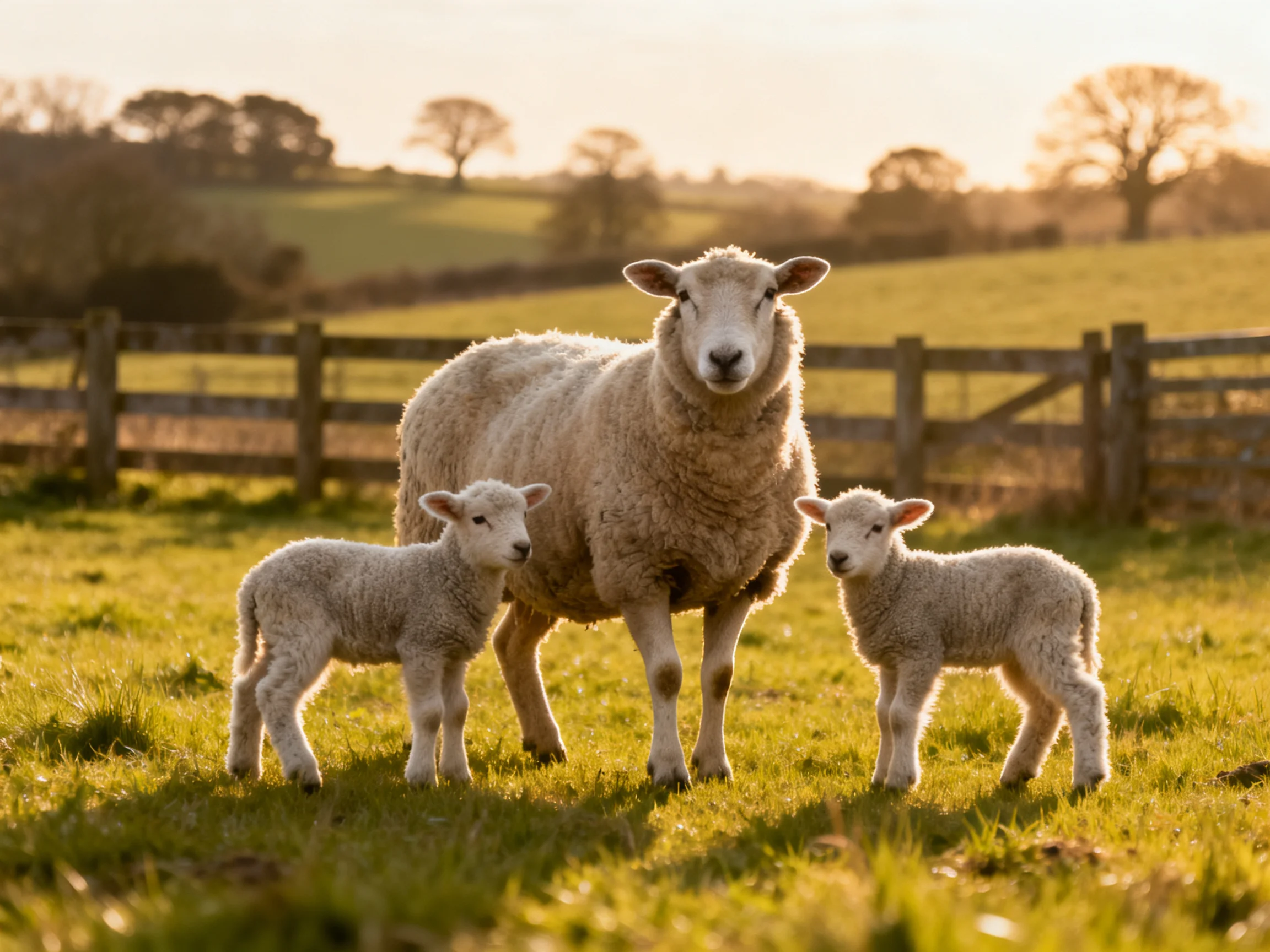 A mother sheep with two lambs in a sunlit countryside pasture