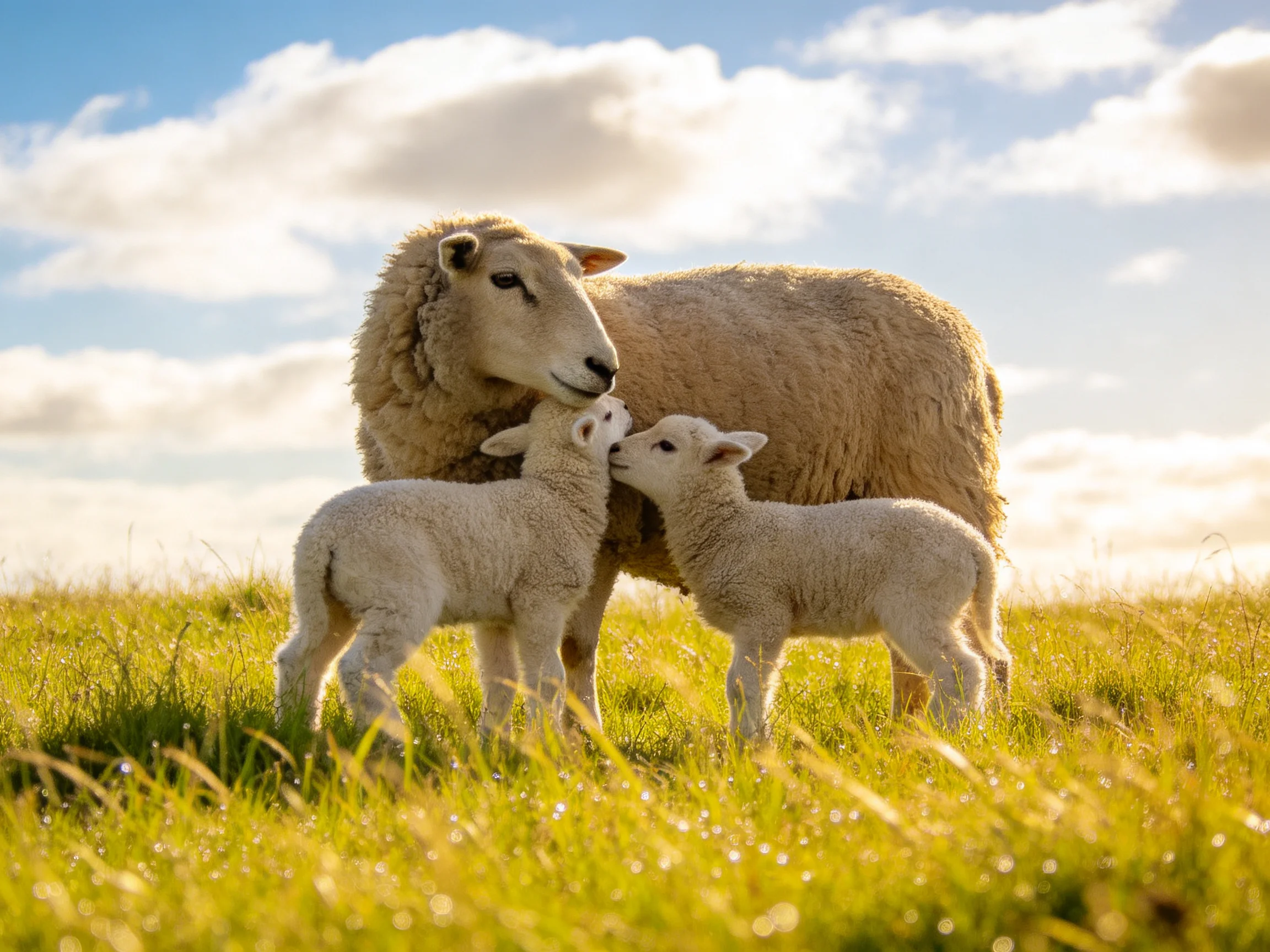 A mother sheep with two lambs in a sunlit grassy field