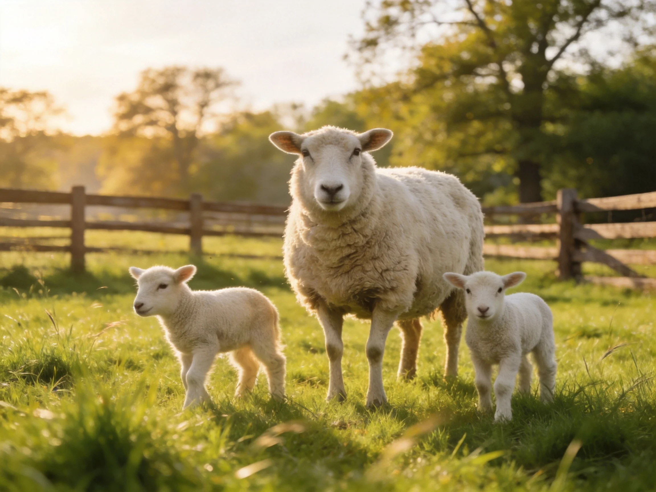A mother sheep with two lambs in a sunlit grassy pasture