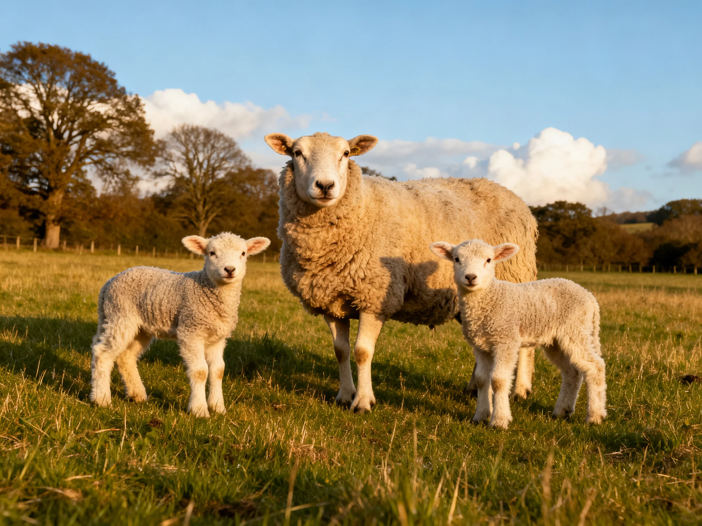 A mother sheep with two lambs in a sunlit green pasture