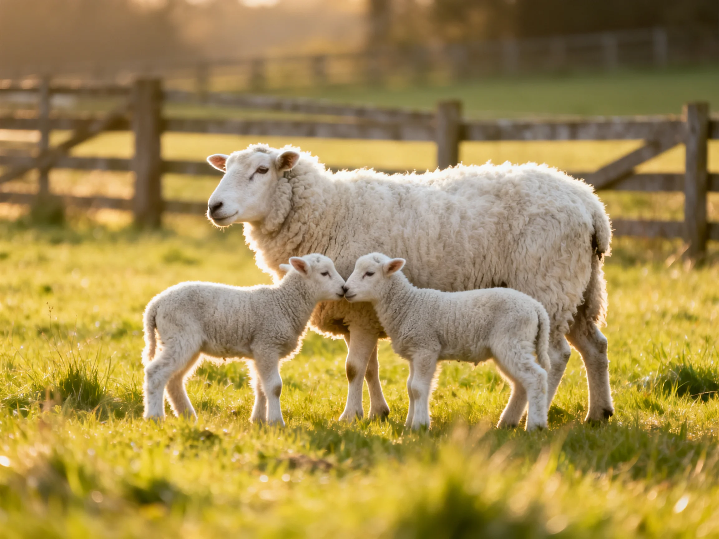 A mother sheep with two lambs in a sunlit green pasture near a wooden fence