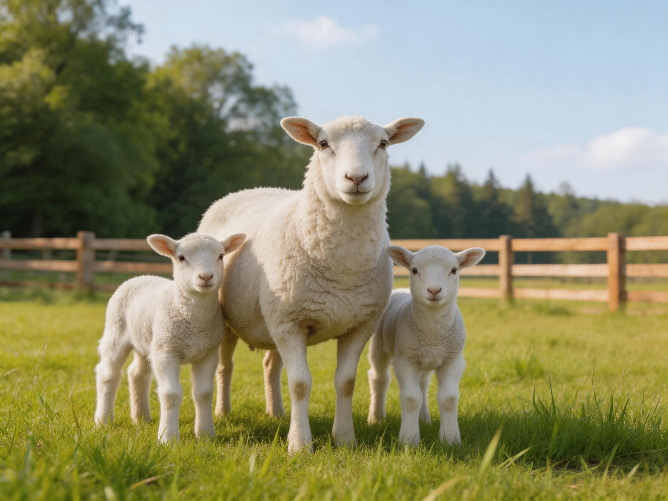 A mother sheep with two lambs in a sunny green pasture