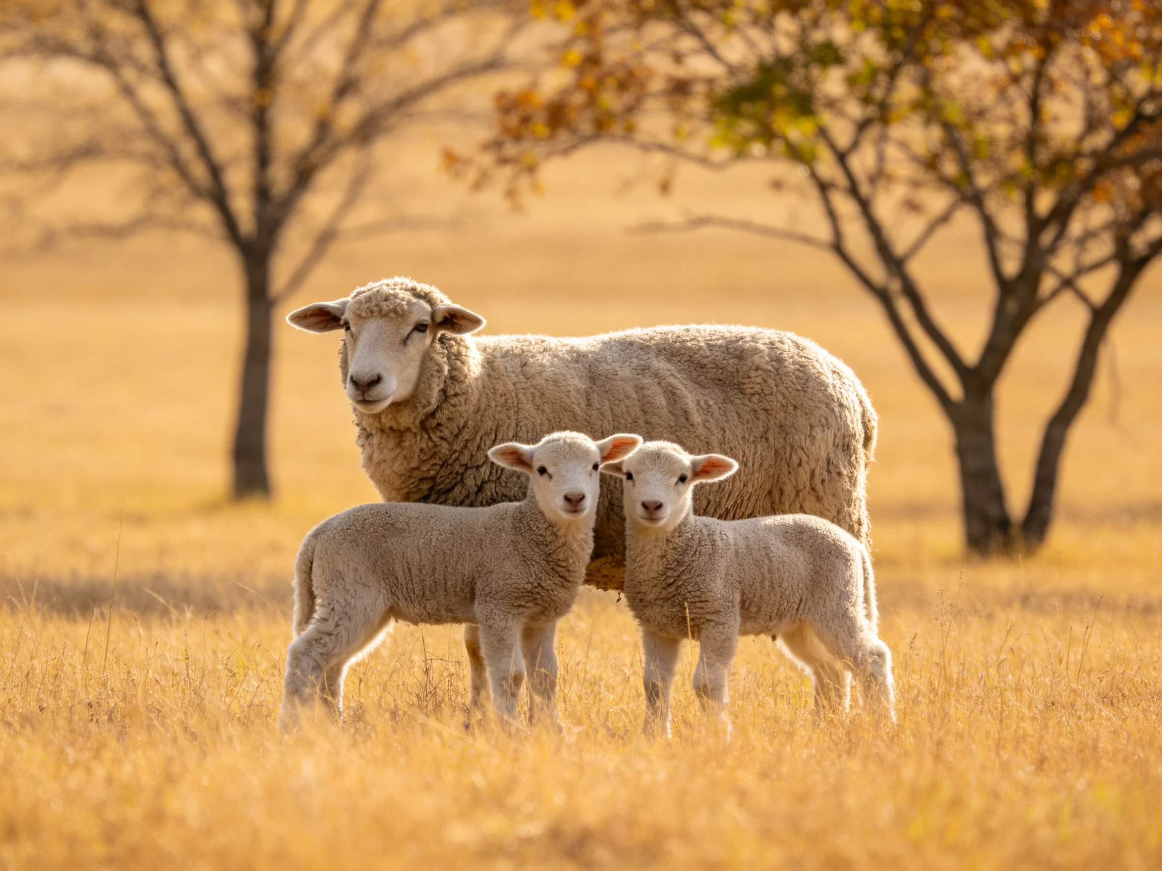 A mother sheep with two lambs in golden grassland near trees