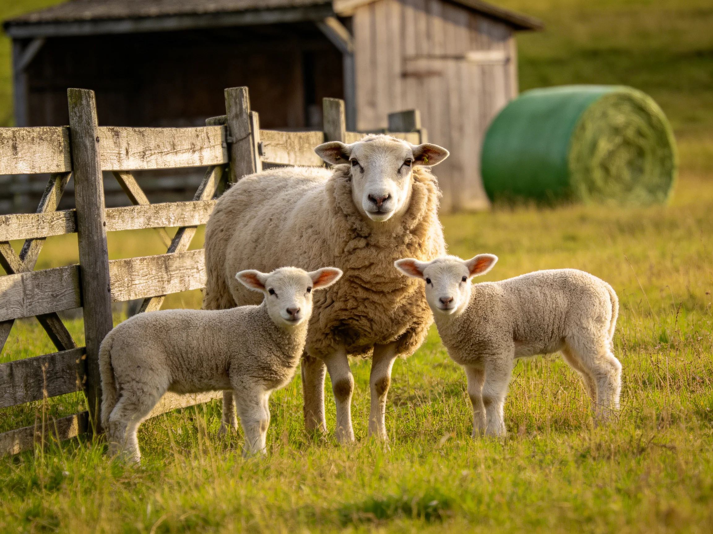A mother sheep with two lambs near a wooden fence and green hay bale