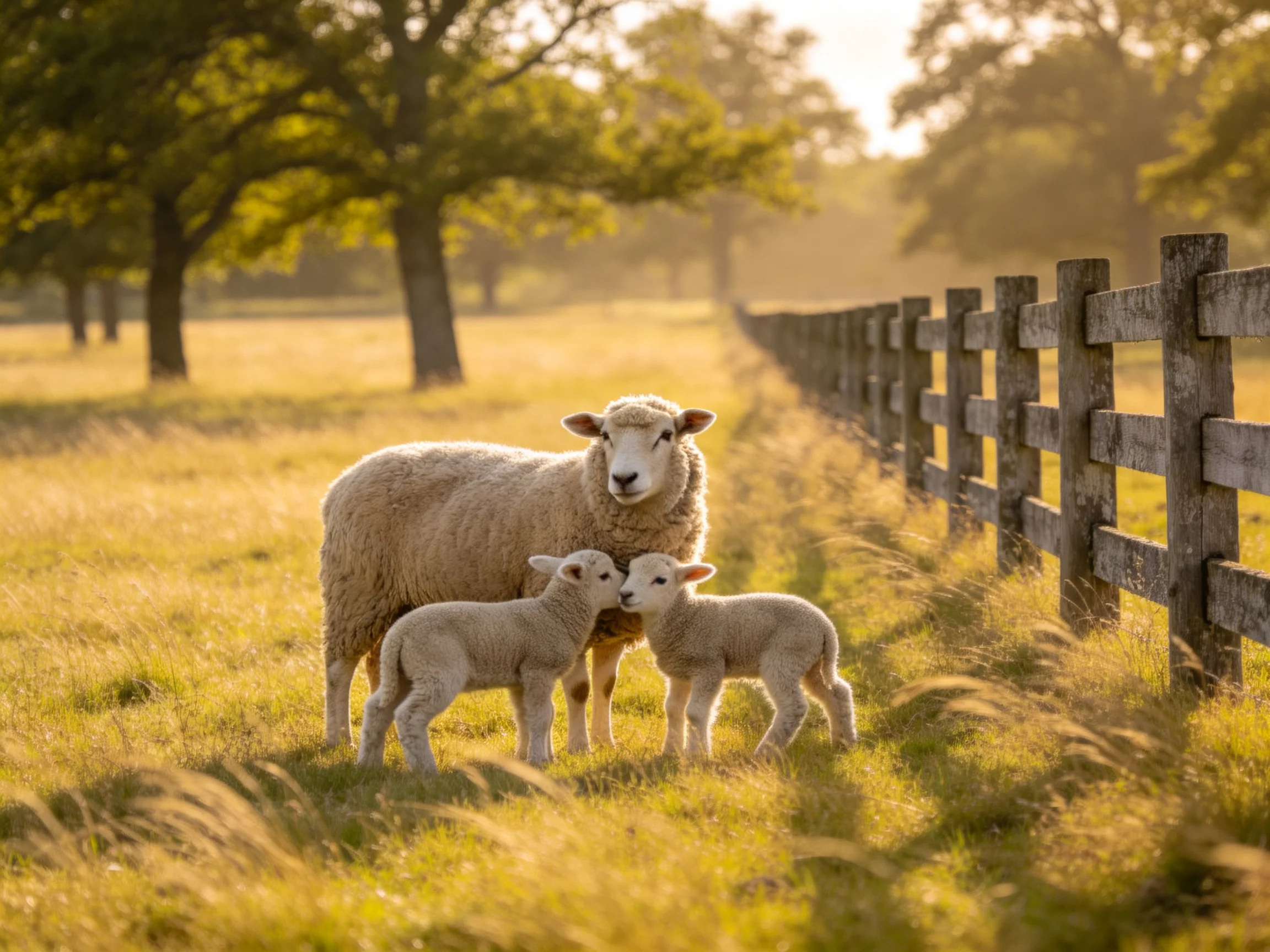 A mother sheep with two lambs near a wooden fence in a golden field