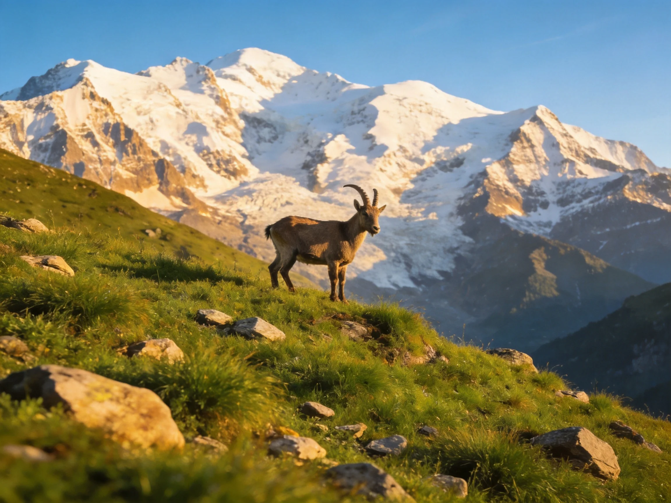 A mountain goat stands on a lush green slope near snow-capped peaks