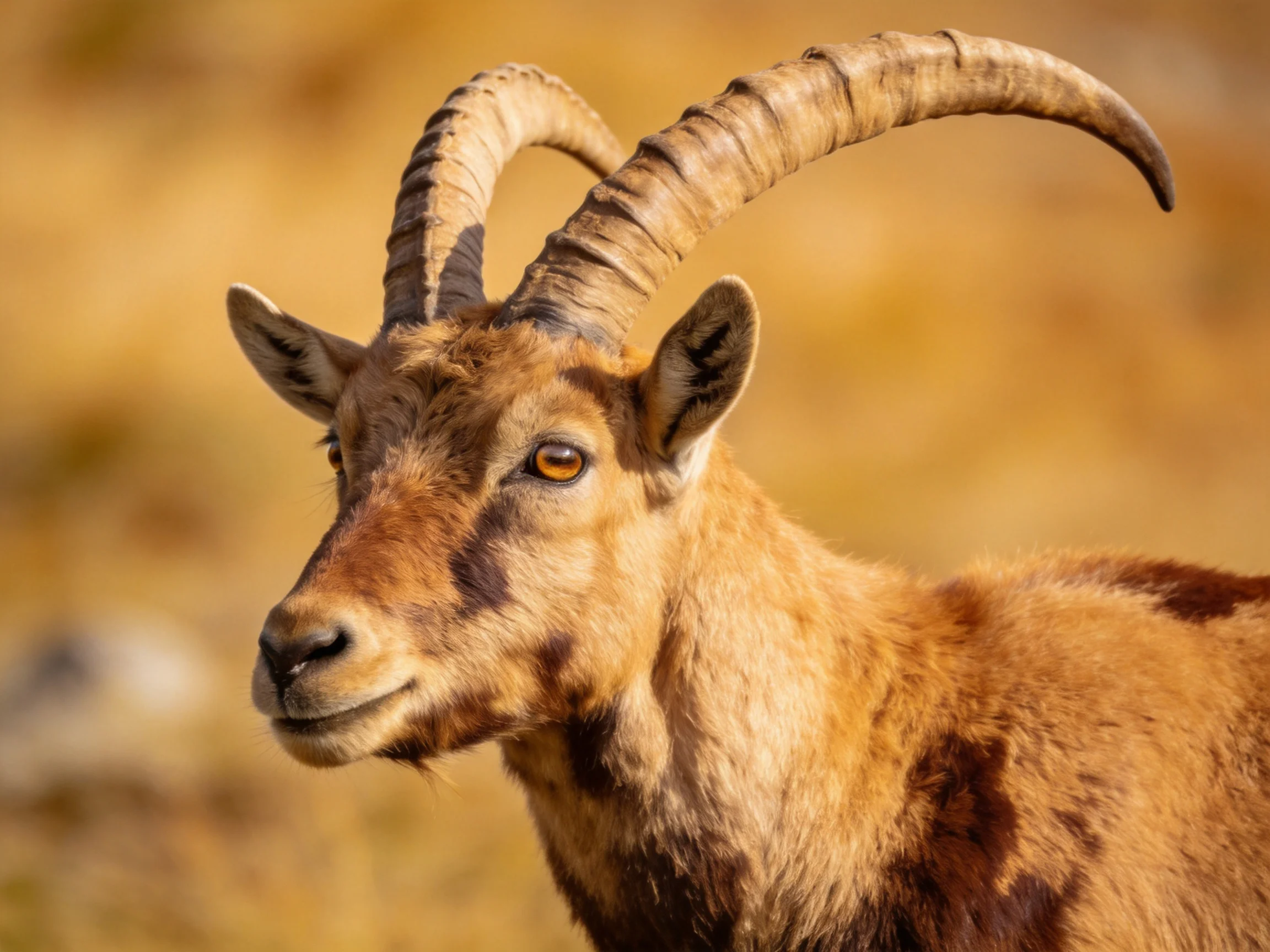 A mountain goat with large curved horns and brown fur
