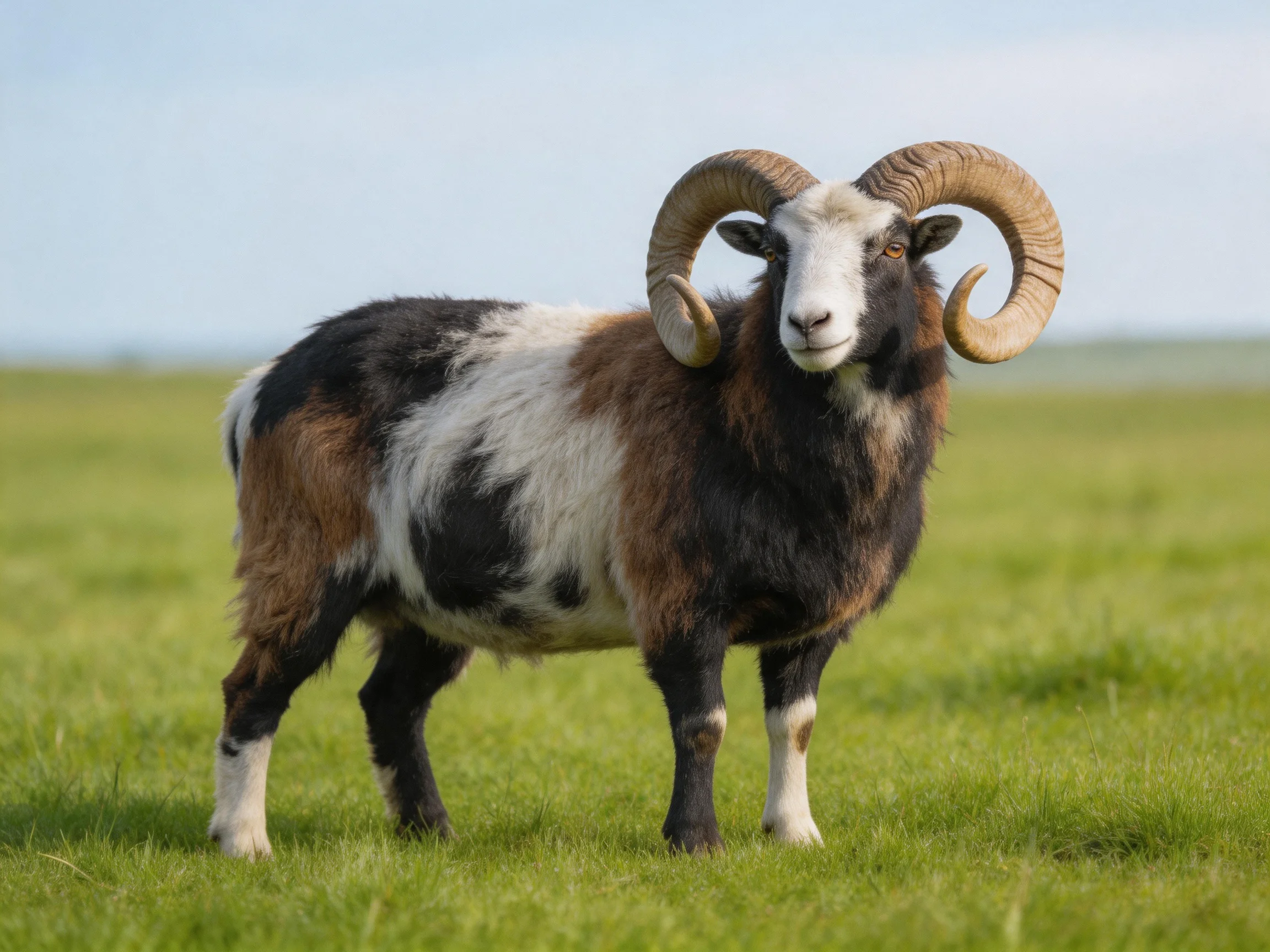 A multicolored ram with large curved horns stands on green grass