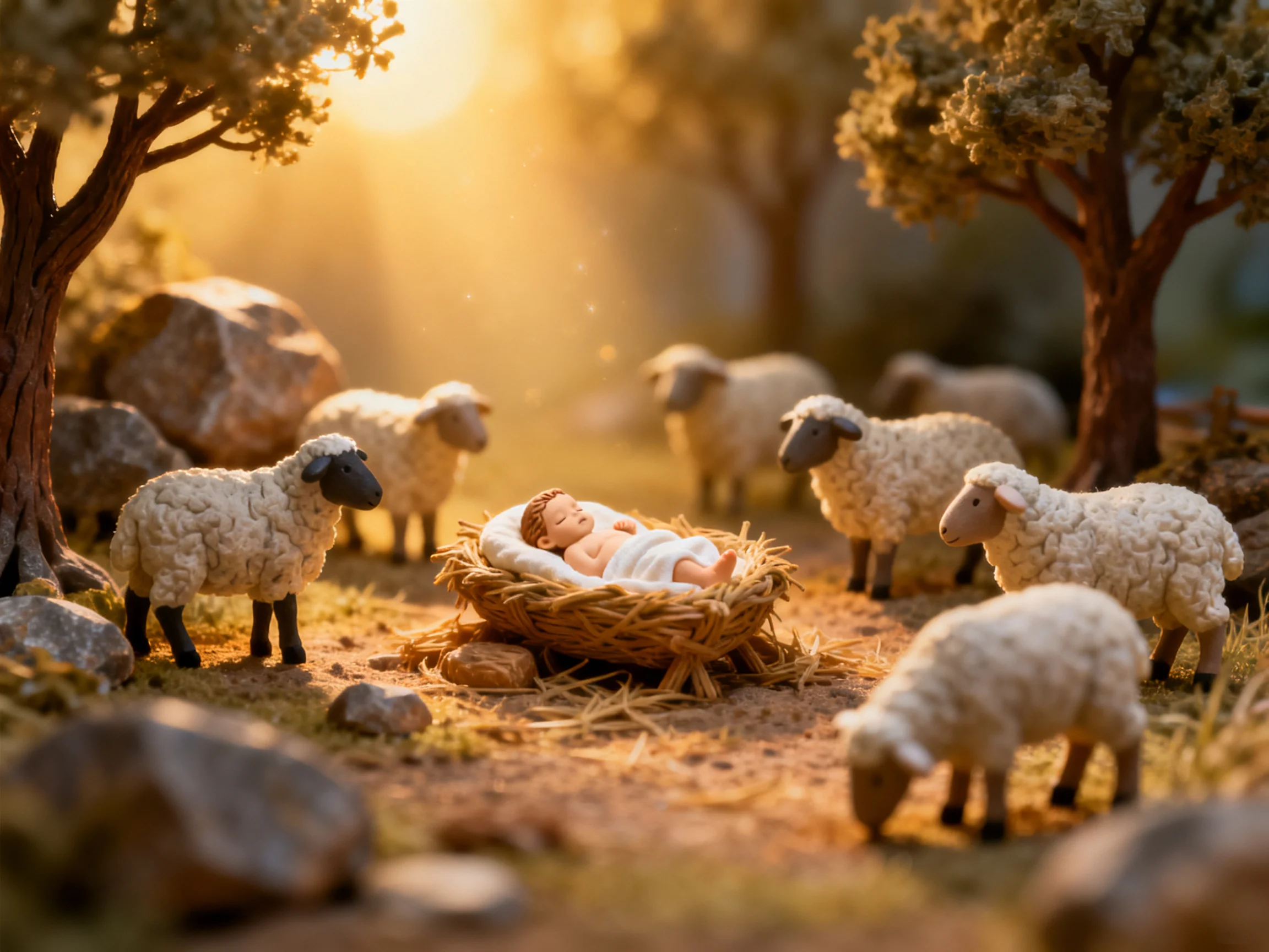 A nativity scene with a baby in a straw manger and sheep under golden light