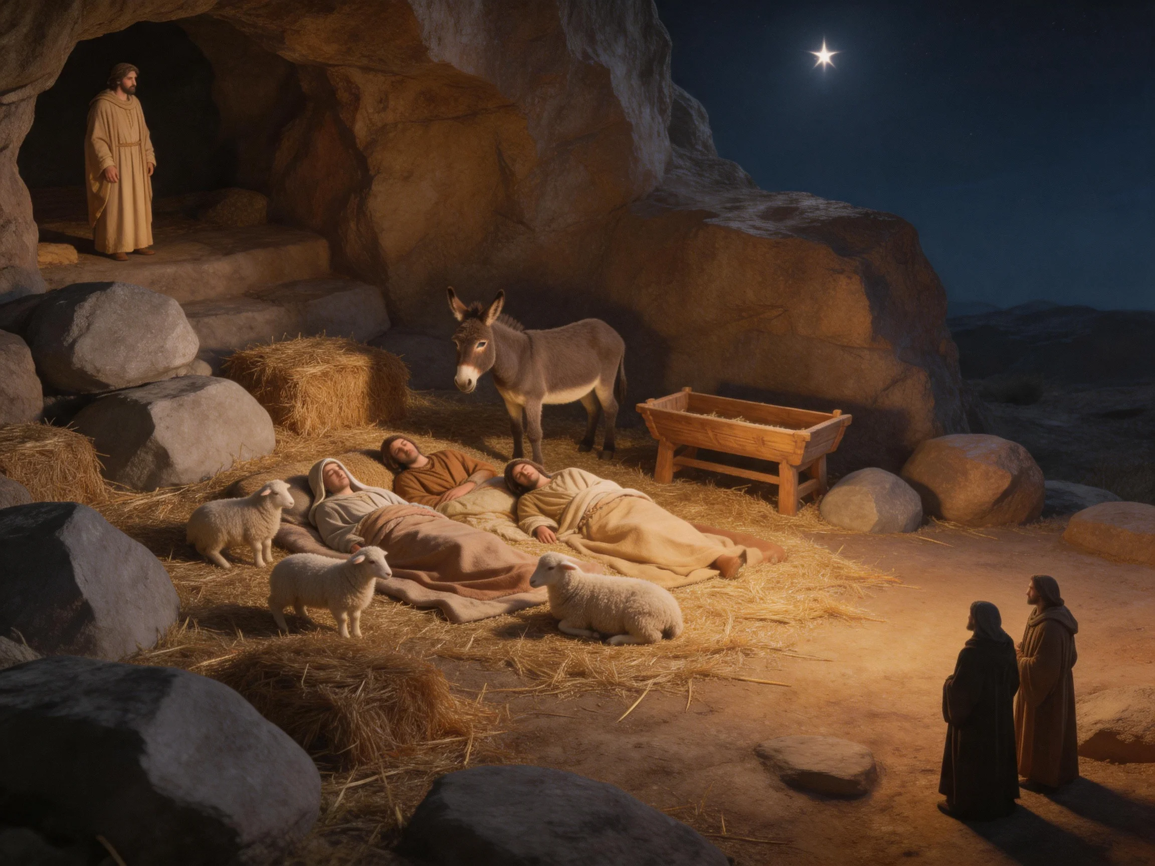A nighttime nativity scene with figures, animals, and a cave