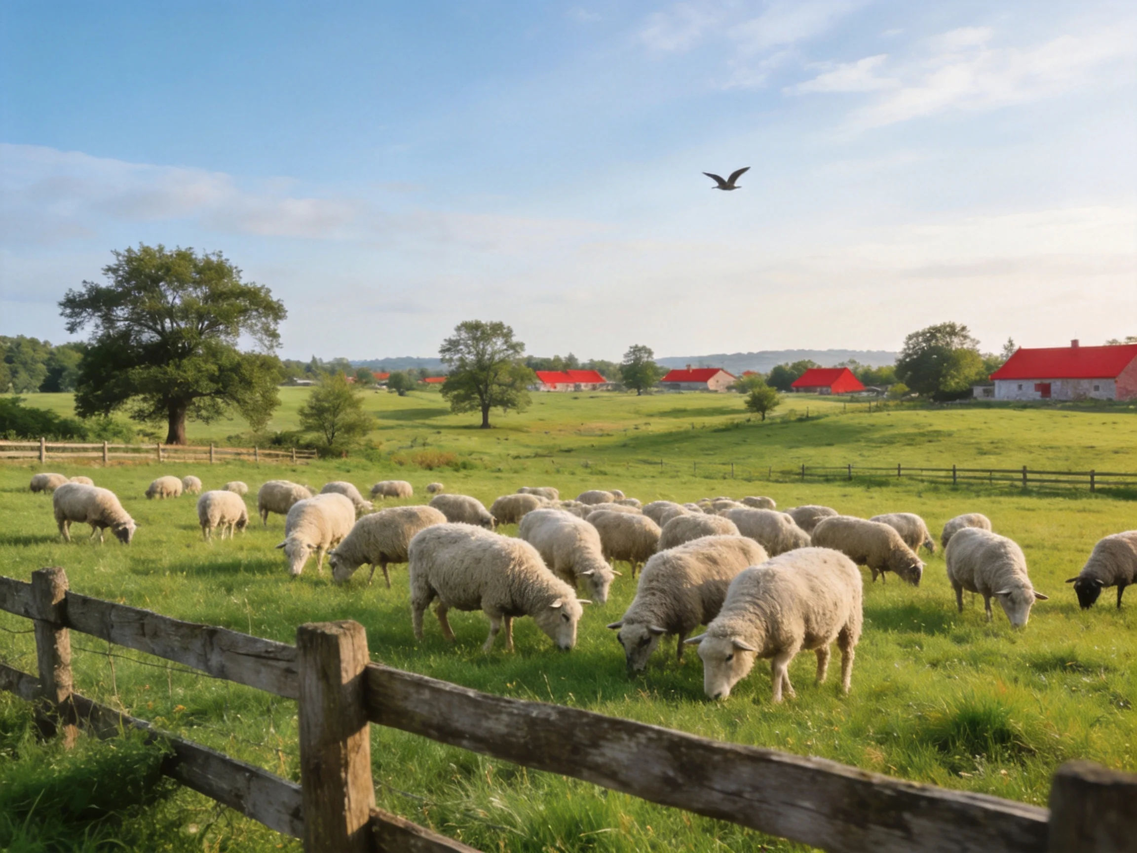 A pastoral scene of sheep grazing near red-roofed farm buildings