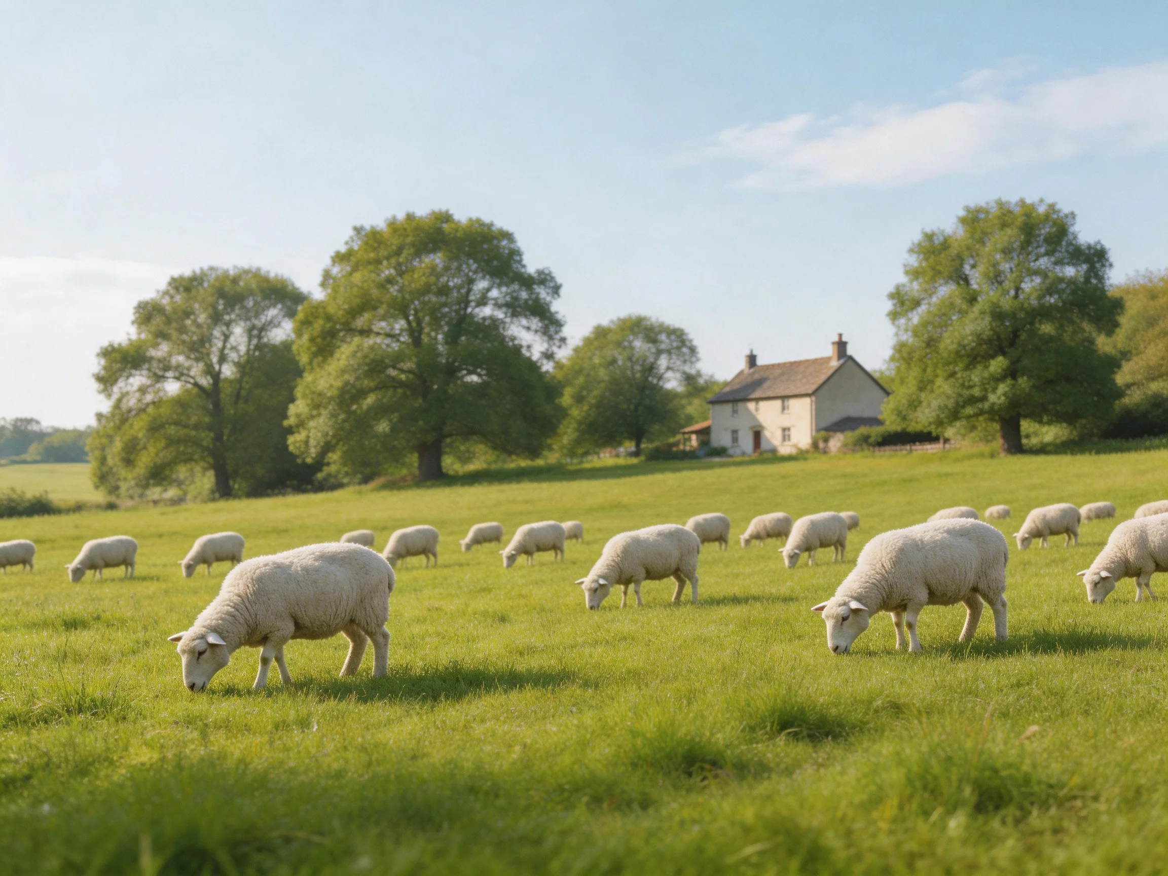 A peaceful countryside scene with grazing sheep and a white farmhouse