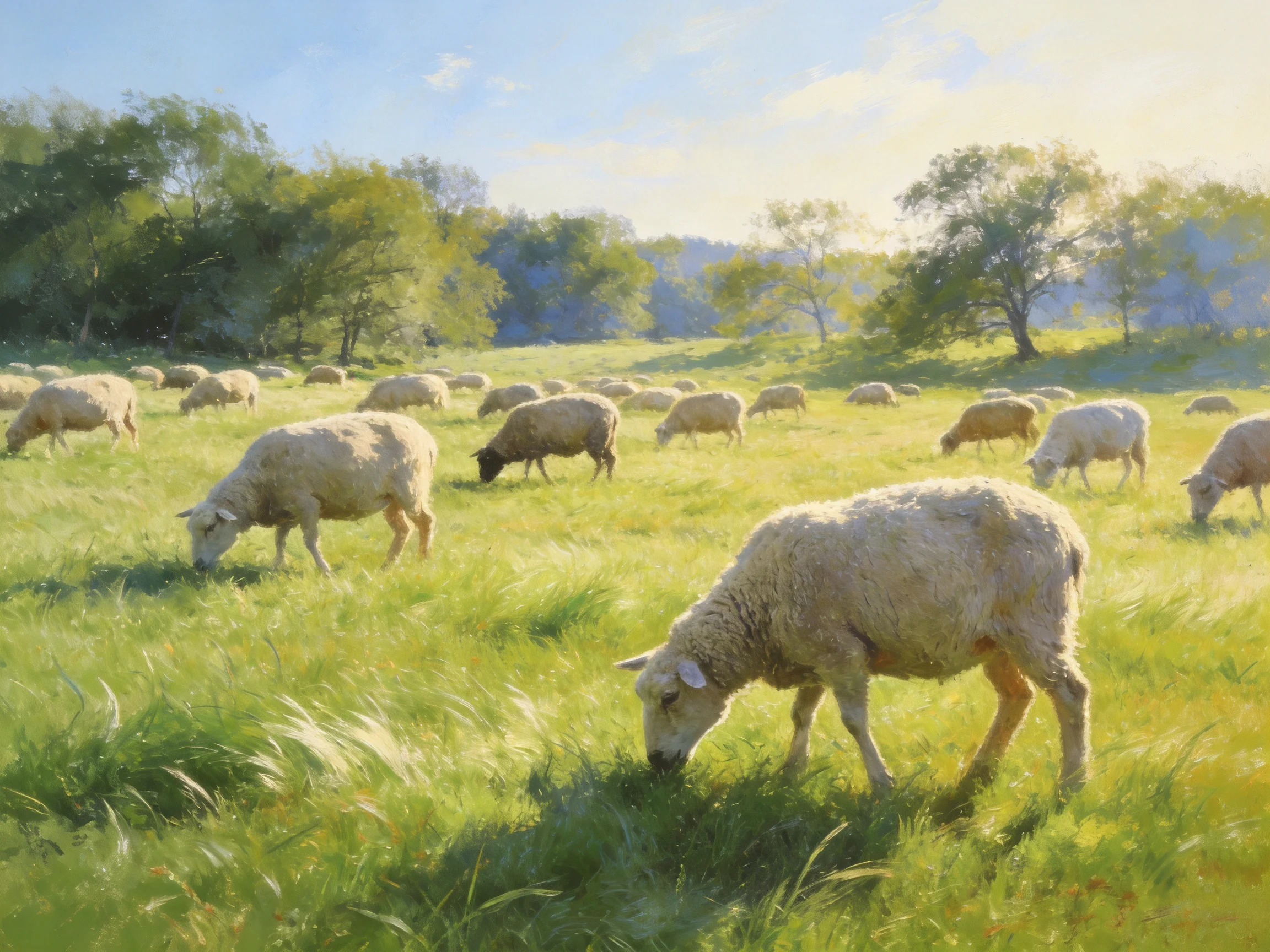 A peaceful flock of sheep grazing in a sunlit green pasture
