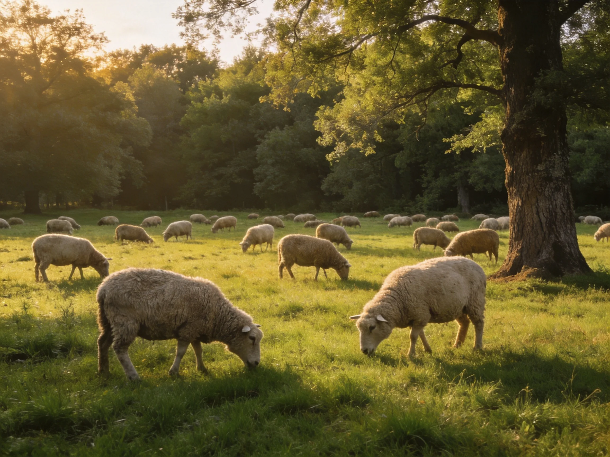 A peaceful flock of sheep grazing in a sunlit meadow
