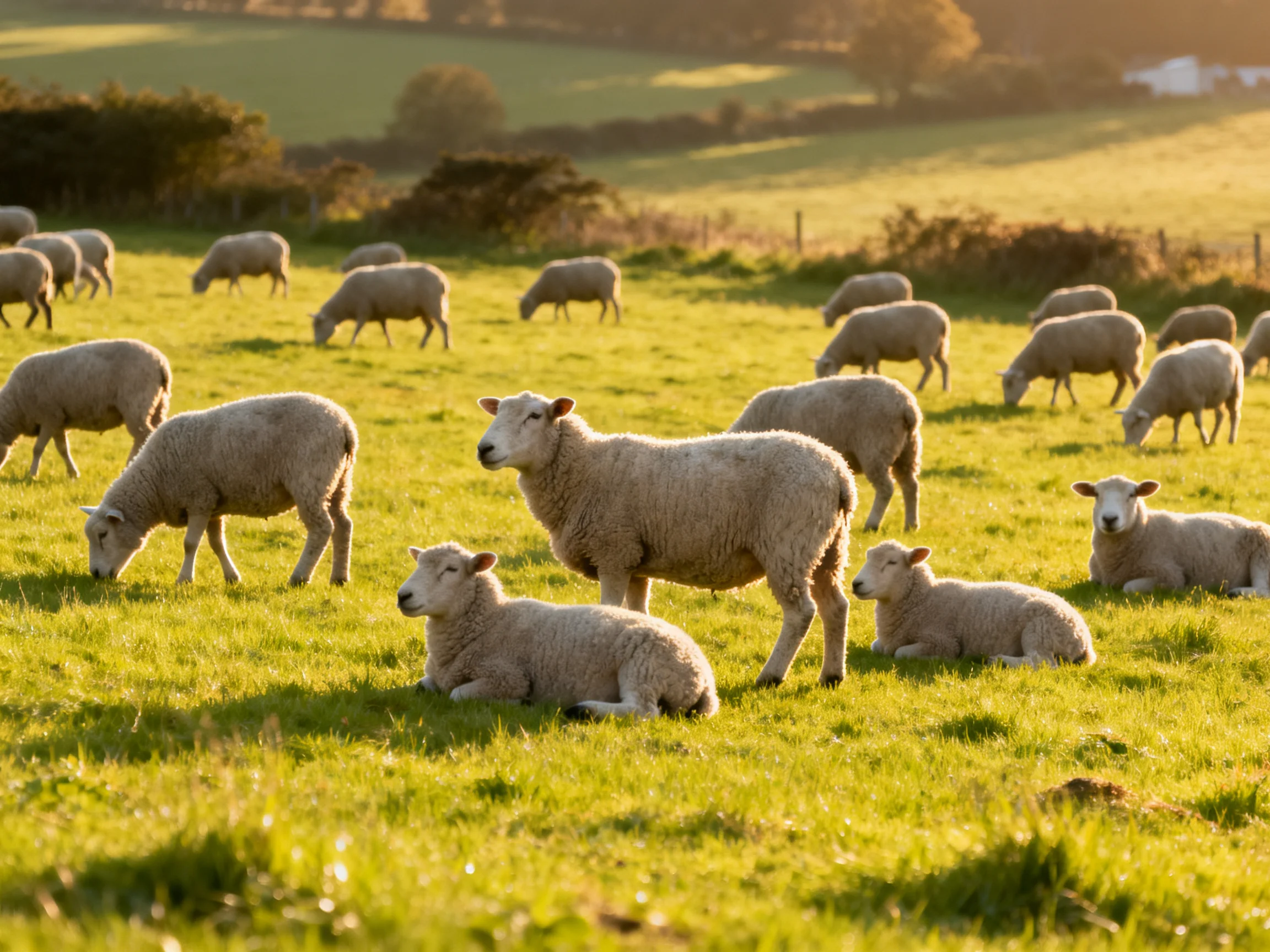 A peaceful flock of sheep grazing in a sunlit meadow