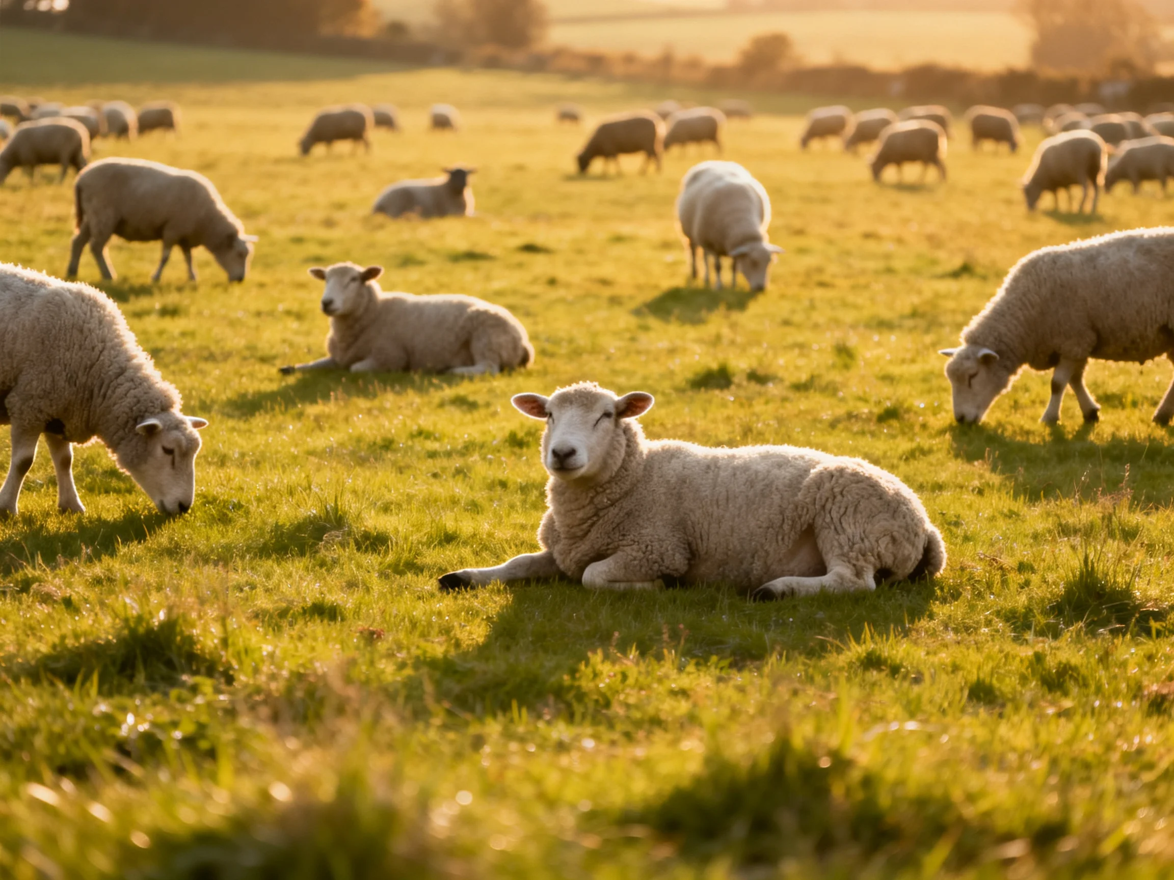 A peaceful flock of sheep resting and grazing in a sunlit green pasture