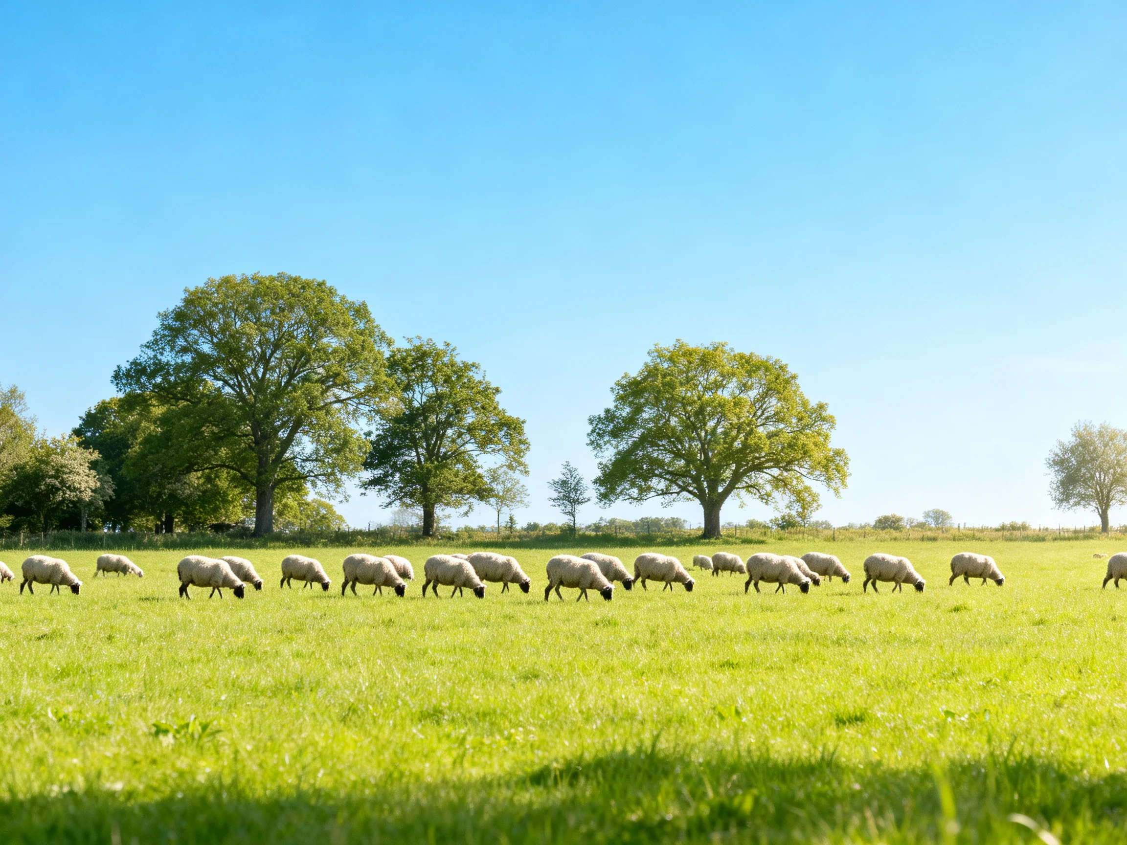 A peaceful meadow with grazing sheep and tall green trees