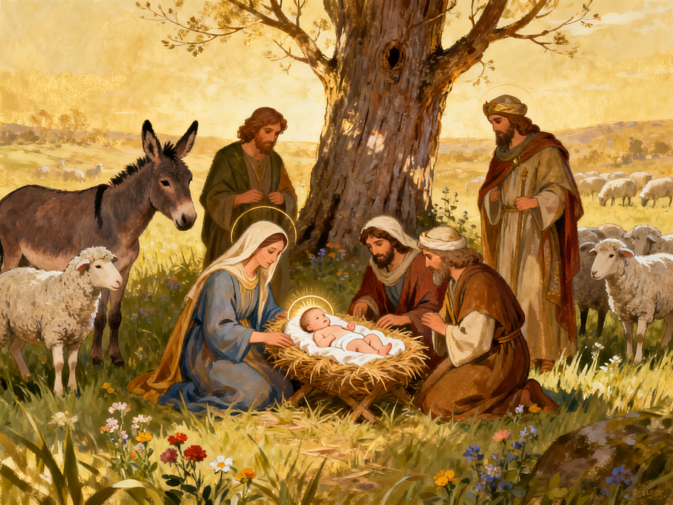 A peaceful nativity scene with biblical figures and farm animals