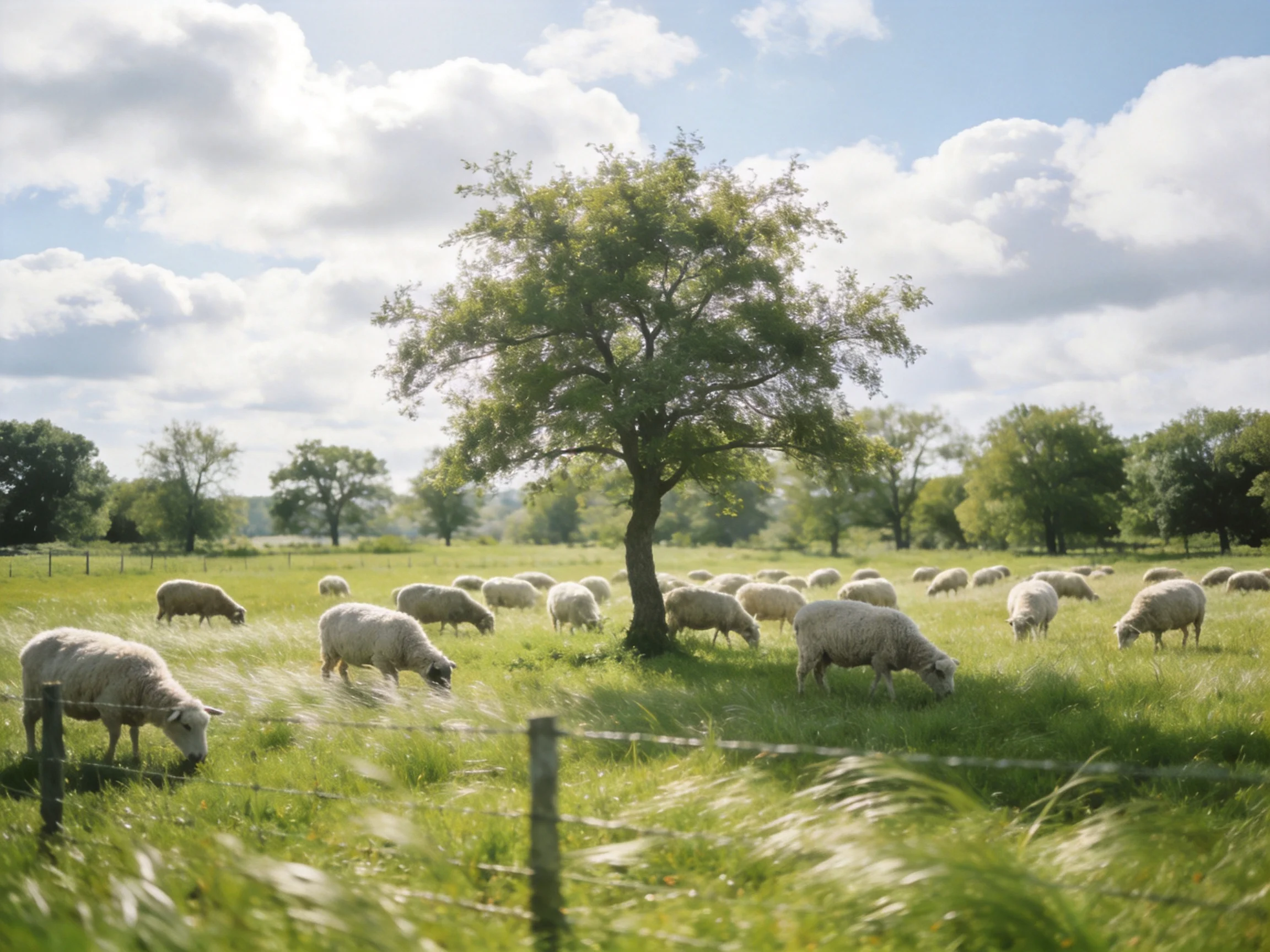 A peaceful pasture with grazing sheep, central tree, and sunny sky