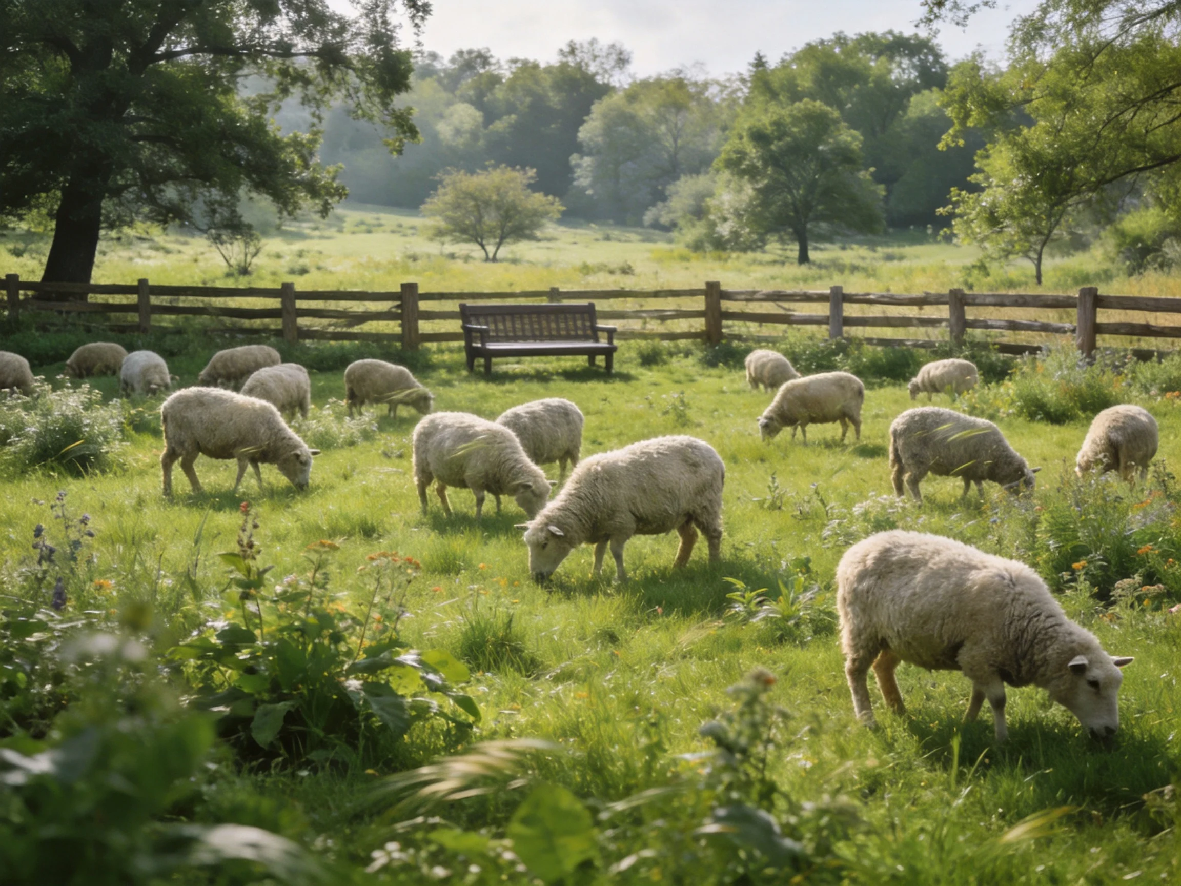 A peaceful pasture with numerous sheep grazing near a wooden bench